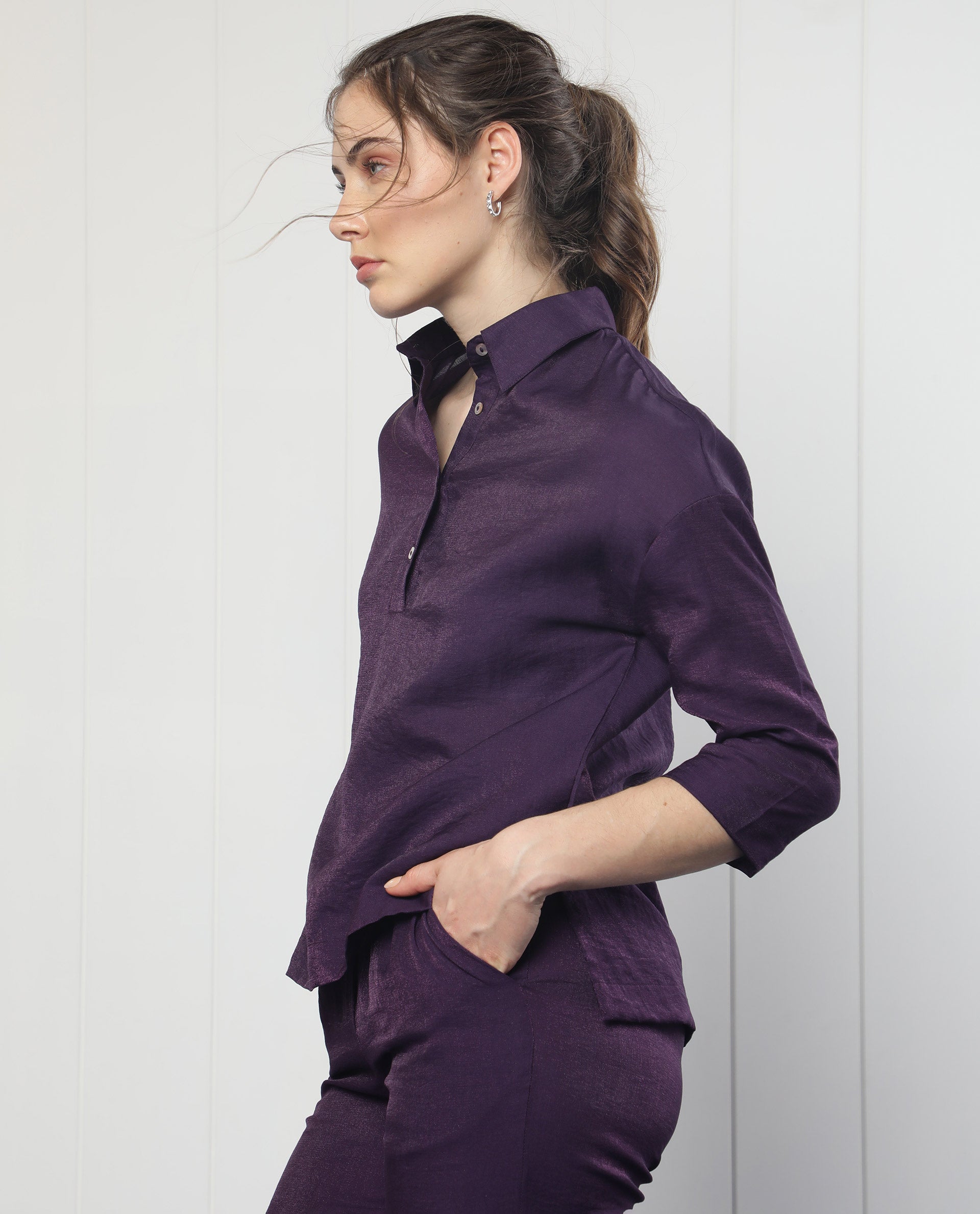 Rareism Women Velynn Dark Purple Polyester Fabric Regular Fit Shirt Collar 3/4Th Sleeves Solid Top