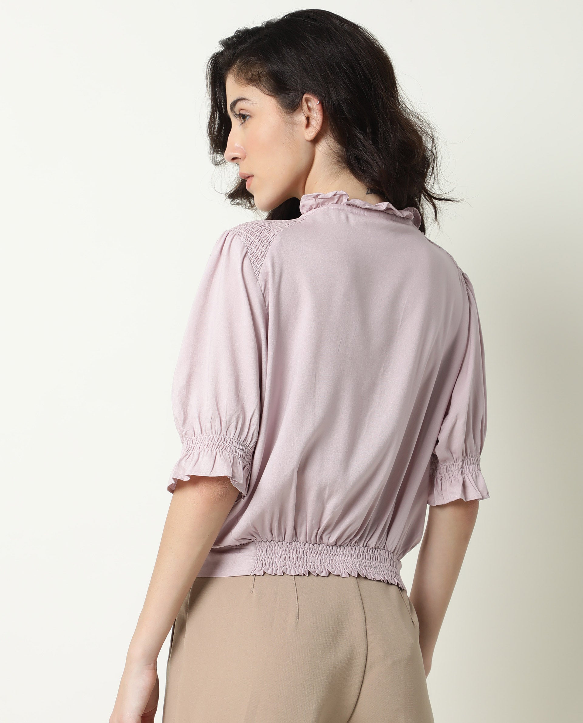 Rareism Womens Jazz Purple Top Viscose Fabric Regular Fit Puff Sleeves Tie Up Neck