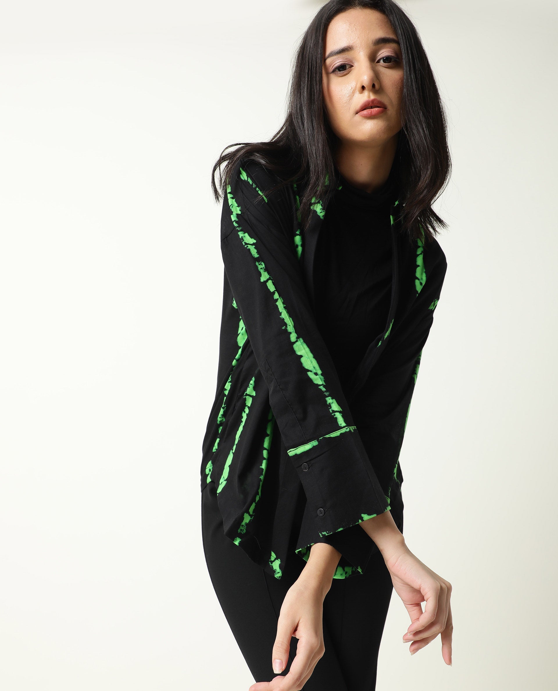 Rareism Womens James Black Top Modal Satin Fabric Regular Fit Cuffed Sleeve Collared Neck