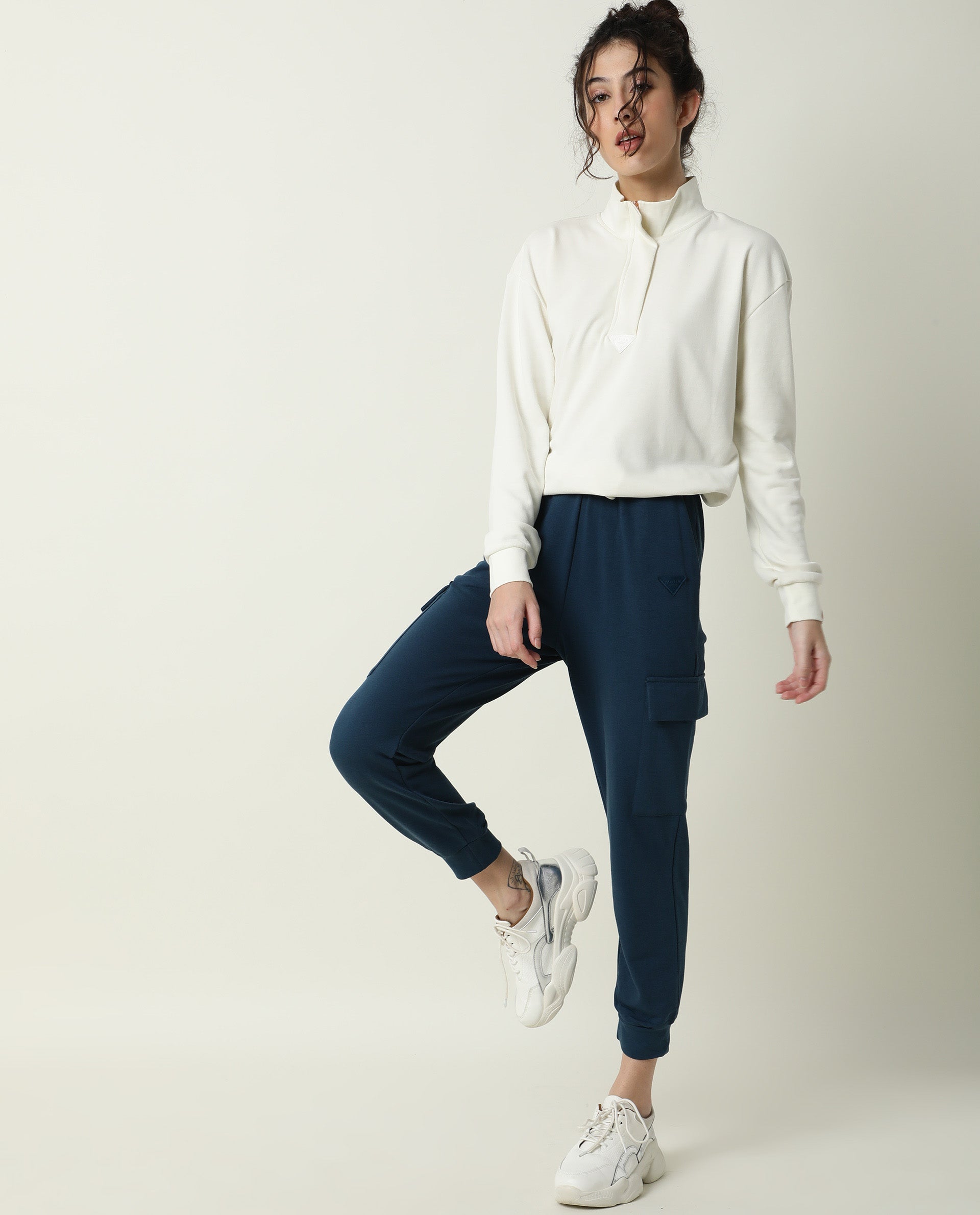 Rareism Women's Taffy-1 Off White High Neck Plain Relaxed Fit Sweatshirt
