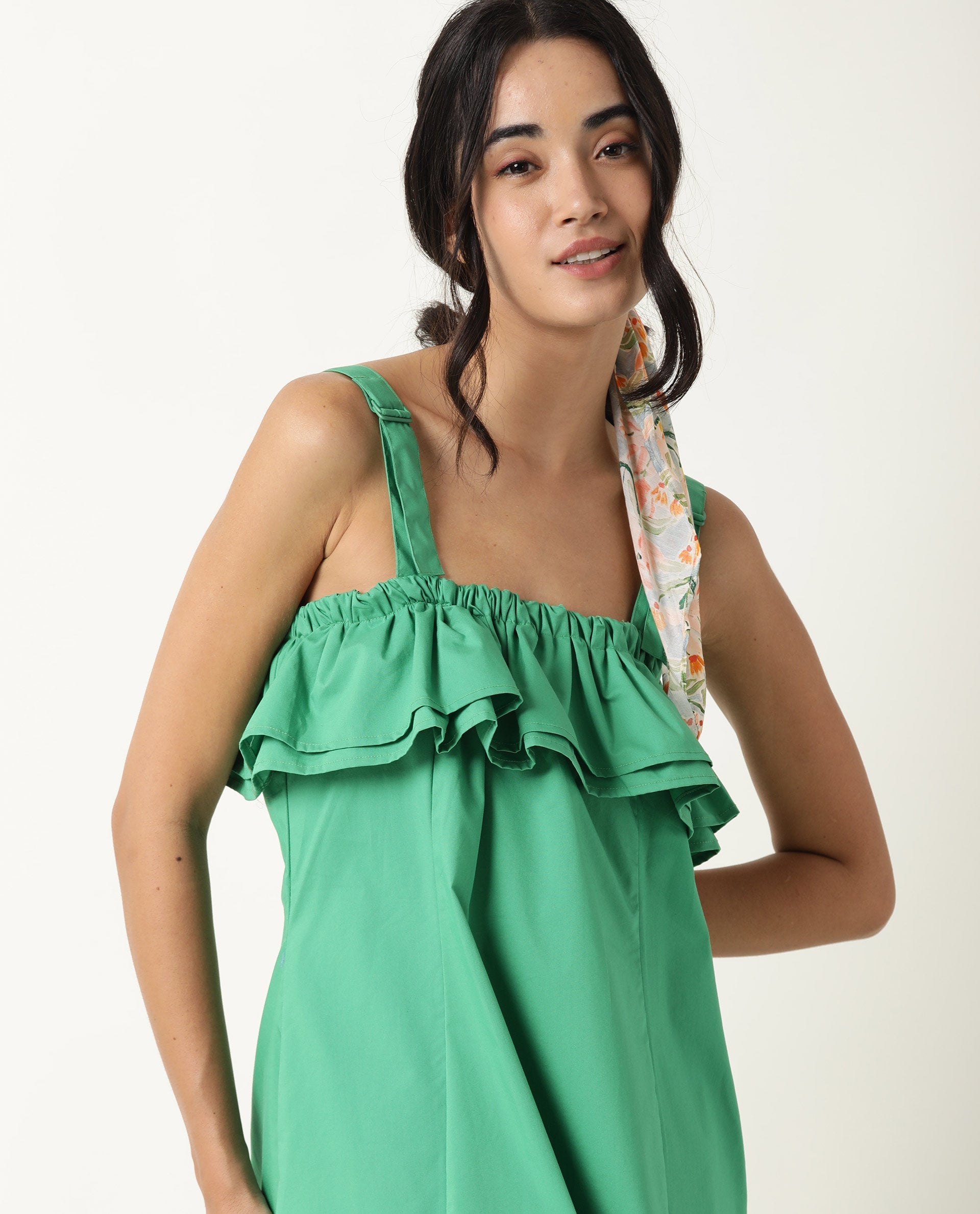 Rareism Women Shallow Green Broad Shoulder Straps Ruffled Square Neck With Pockets Midi Dress