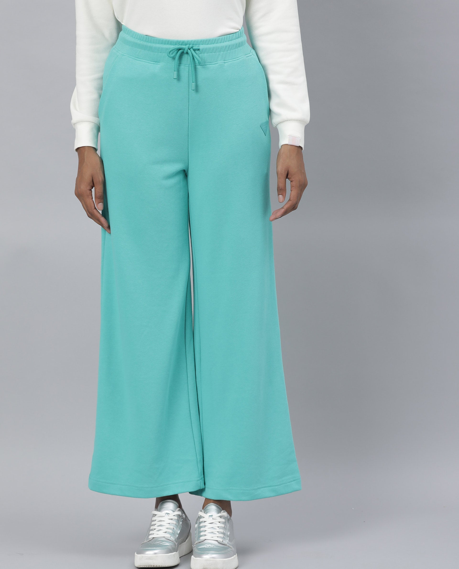 Rareism Women Pazo-1 Turq Poly Cotton Fabric Relaxed Fit Solid Mid Rise Ankle Length Track Pant