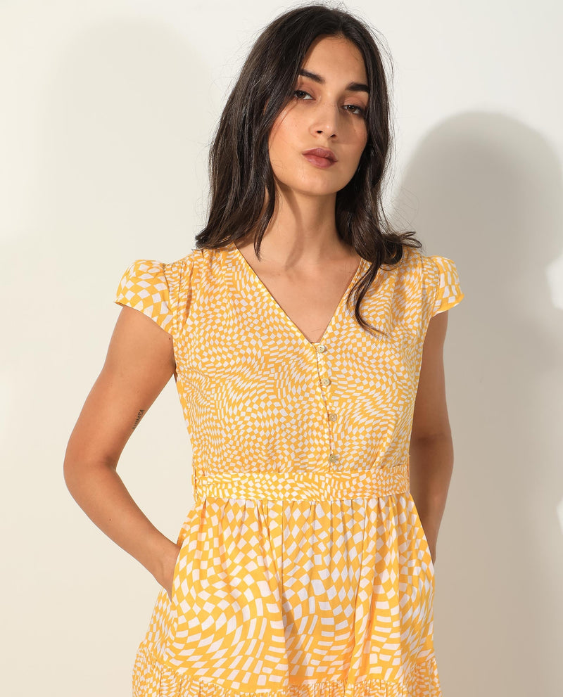 Rareism Women Whitney Yellow Cotton Fabric Short Sleeves Button Closure V-Neck Cap Sleeve Regular Fit Geometric Print Knee Length Tiered Dress