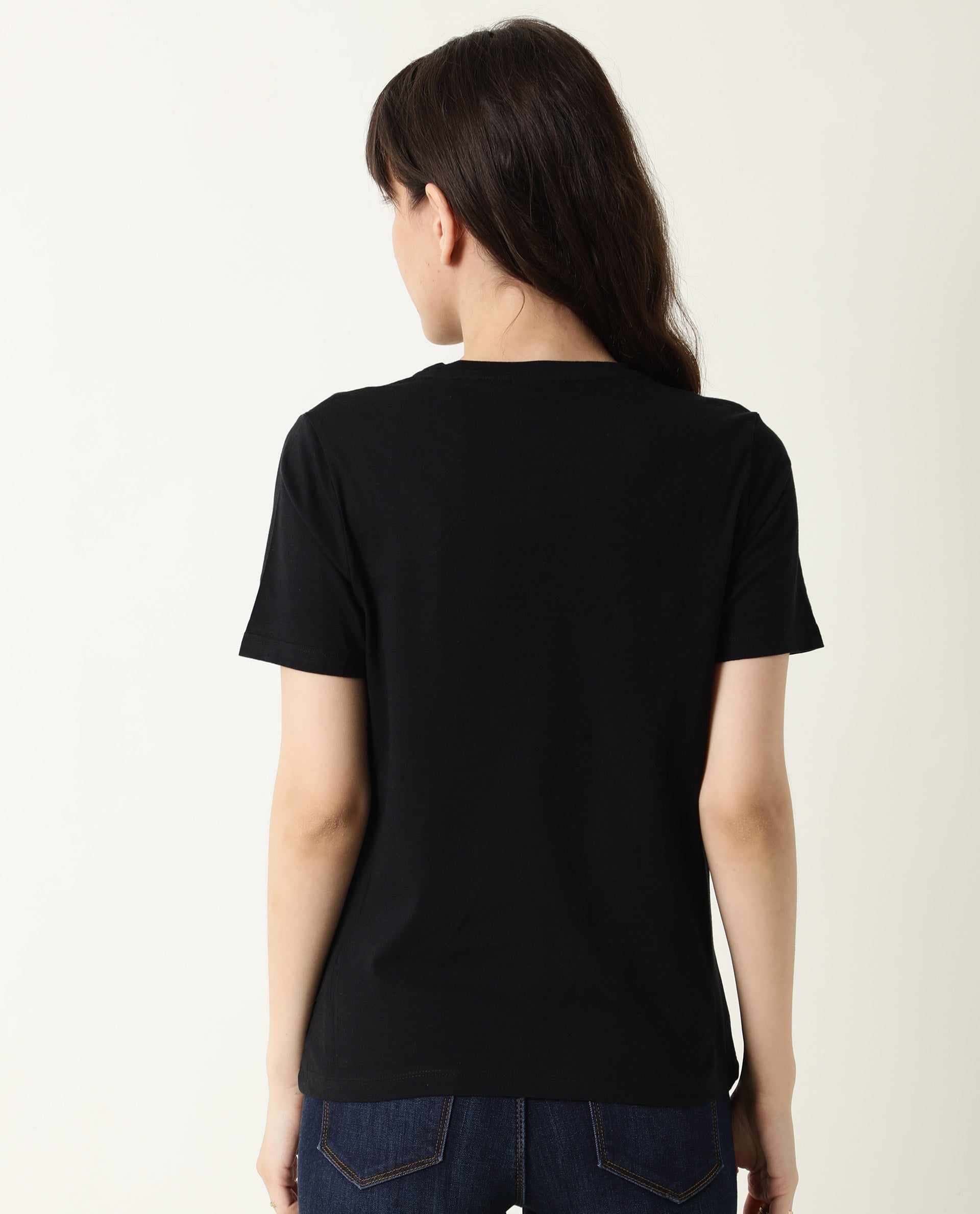 Rareism Women Moes Black Cotton Fabric Regular Fit Half Sleeves Geometric Print Round Neck T-Shirt