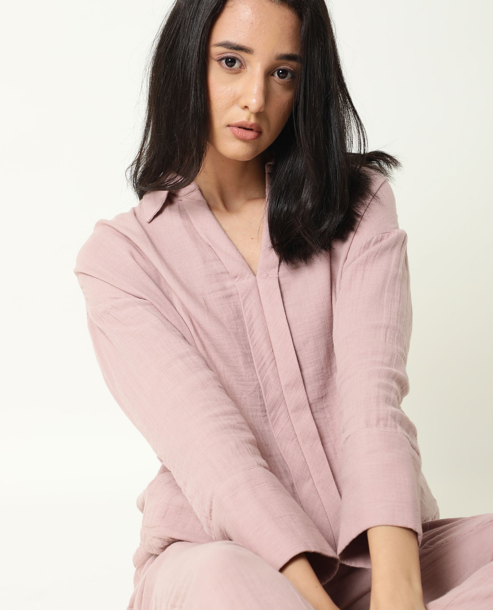 Rareism Womens Hemming Pink Top Cotton Fabric Regular Fit Cuffed Sleeve Collared Neck