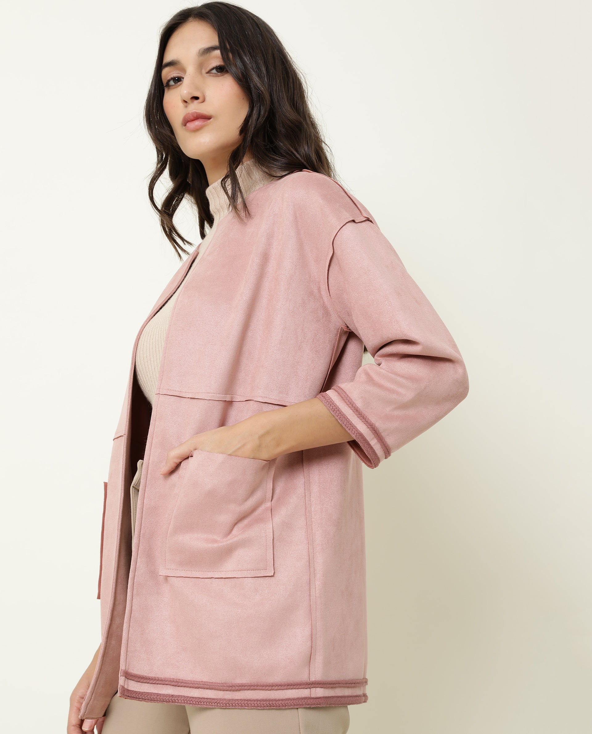 Rareism Women's Square Pink Polyester Boat Neck Plain Regular Fit Jacket