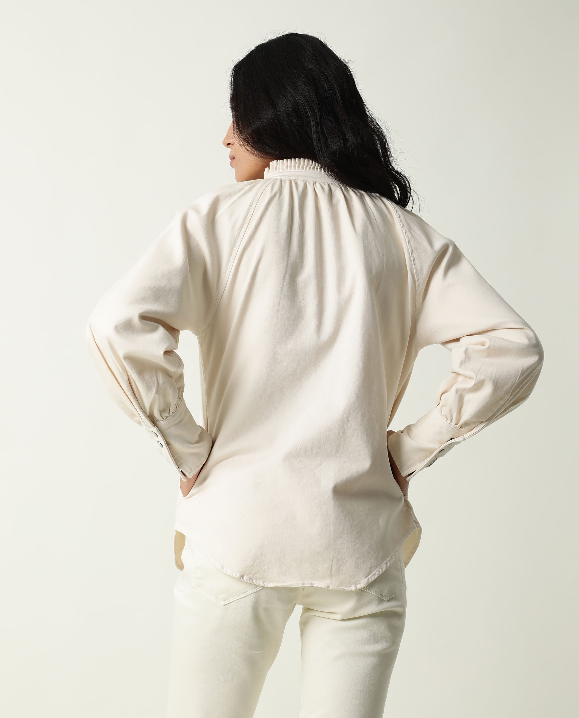 Rareism Women Bellona Off White Cotton Fabric Full Sleeves Solid Ruffled Neck Jacket