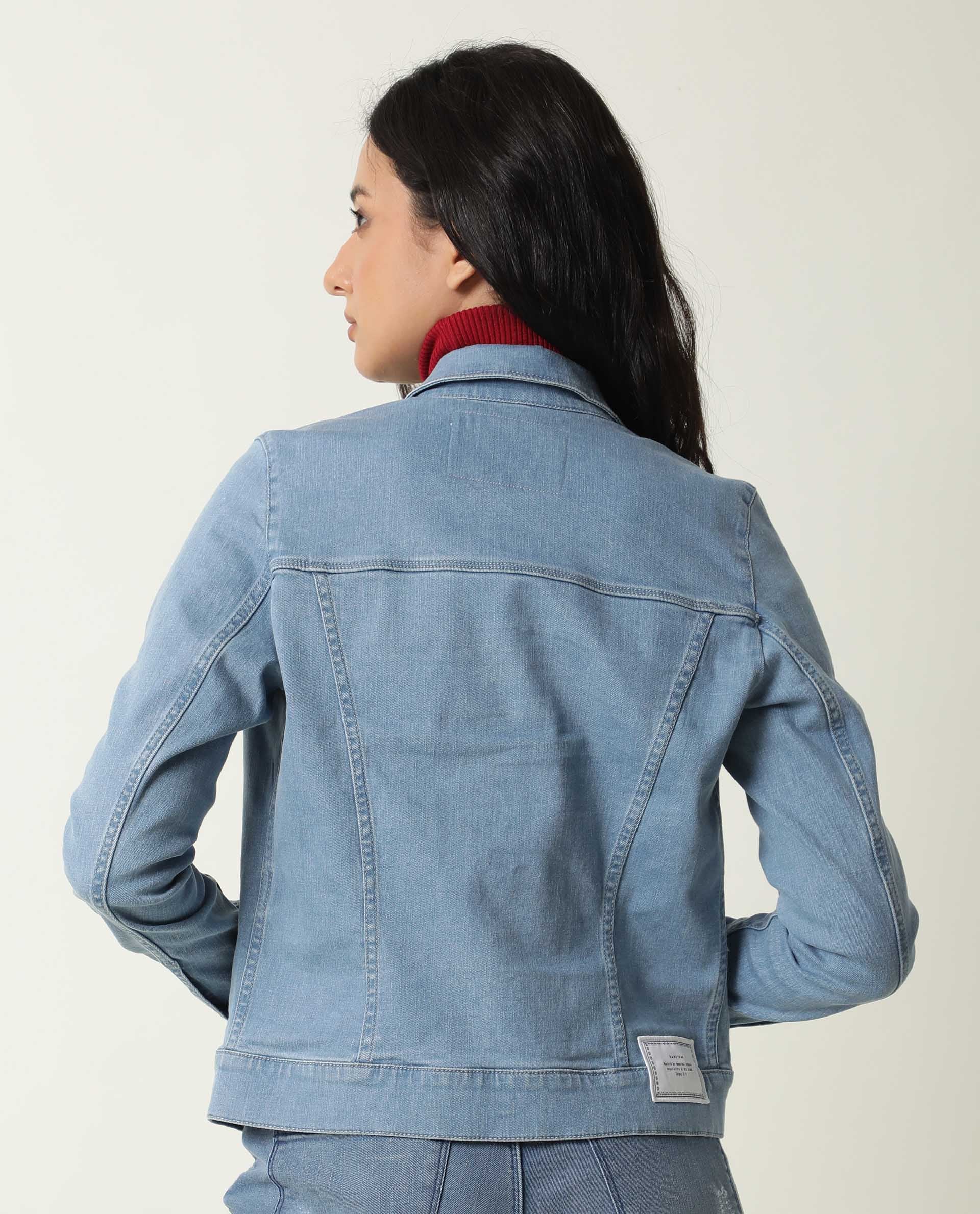 Rareism Women Misso Light Blue Cotton Lycra Fabric Full Sleeves Solid Shirt Collar Jacket