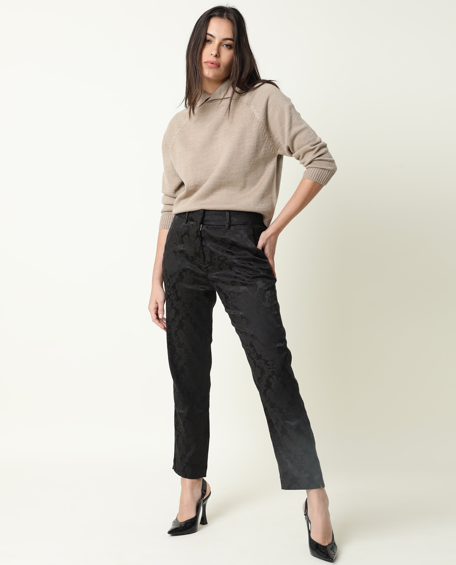 Rareism Women Polish Light Beige Acrylic Fabric Full Sleeves Knee Length Regular Fit Solid Shirt Collar Sweater