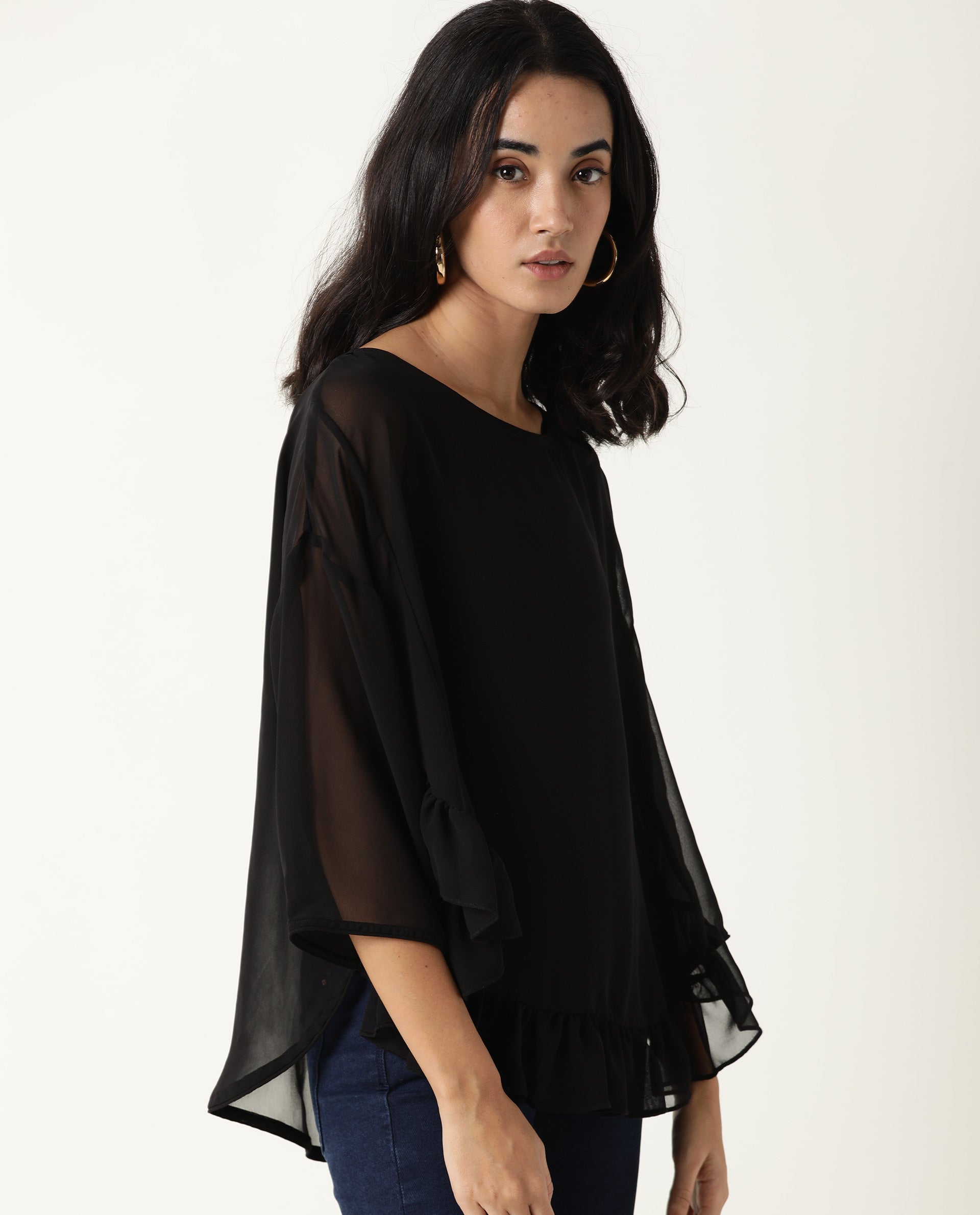 Rareism Women Hold Black Polyester Fabric Relaxed Fit Round Neck Full Sleeves Solid Top