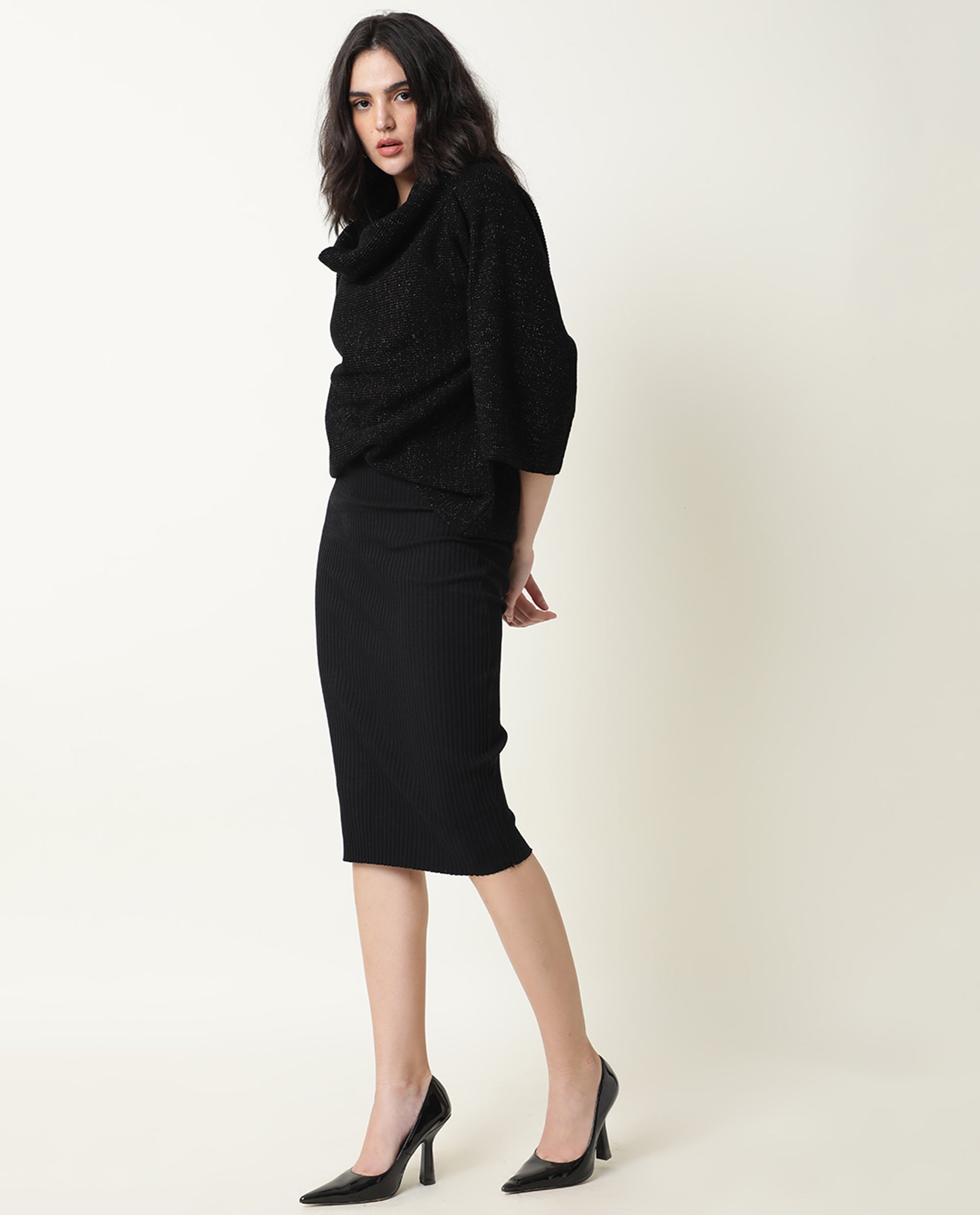 Rareism Women Innov Black Polyester Fabric 3/4Th Sleeves Knee Length Relaxed Fit Solid Cowl Neck Sweater