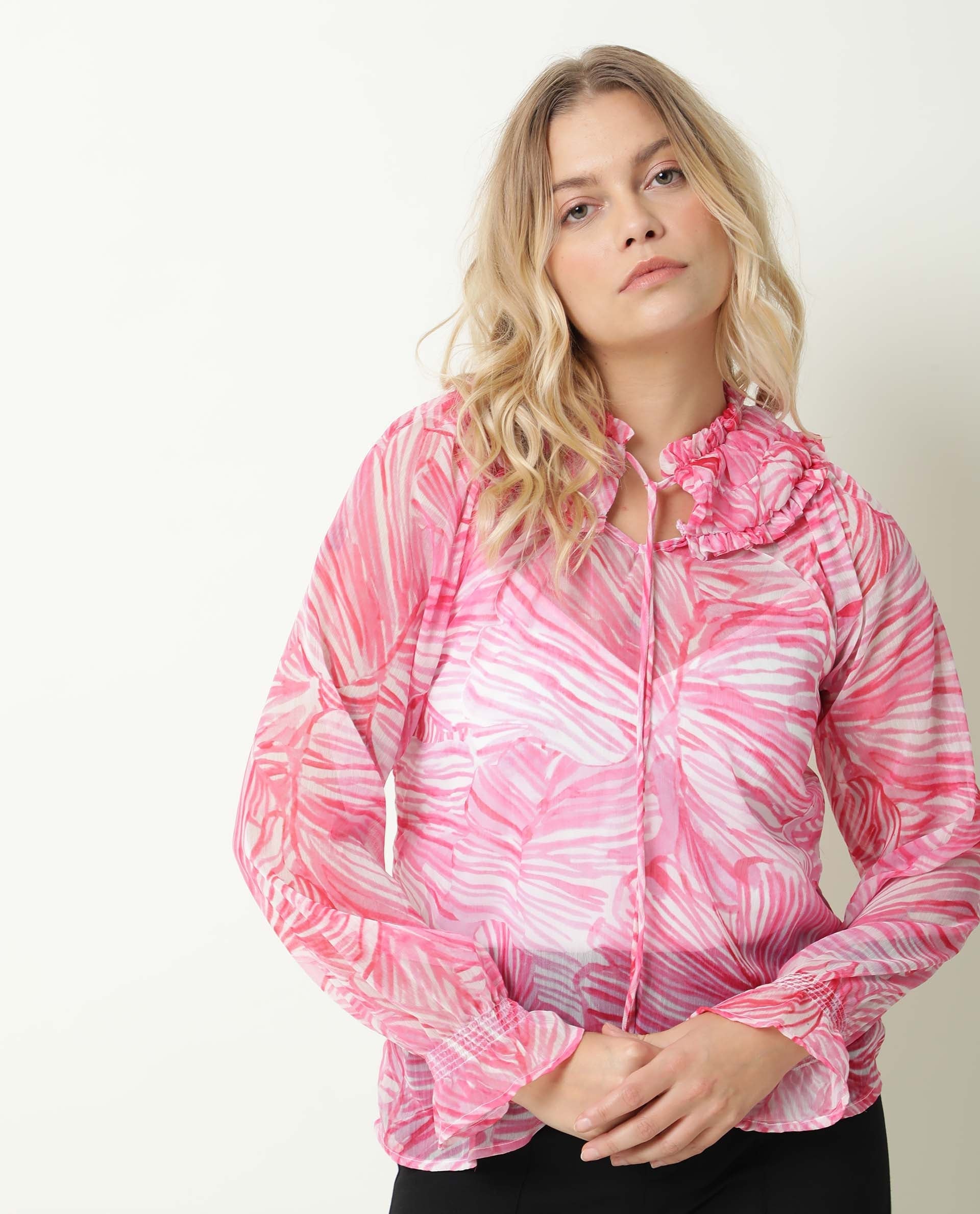 Rareism Womens Tonal Pink Top Viscose Fabric Regular Fit Balloon Sleeve Ruffled Neck