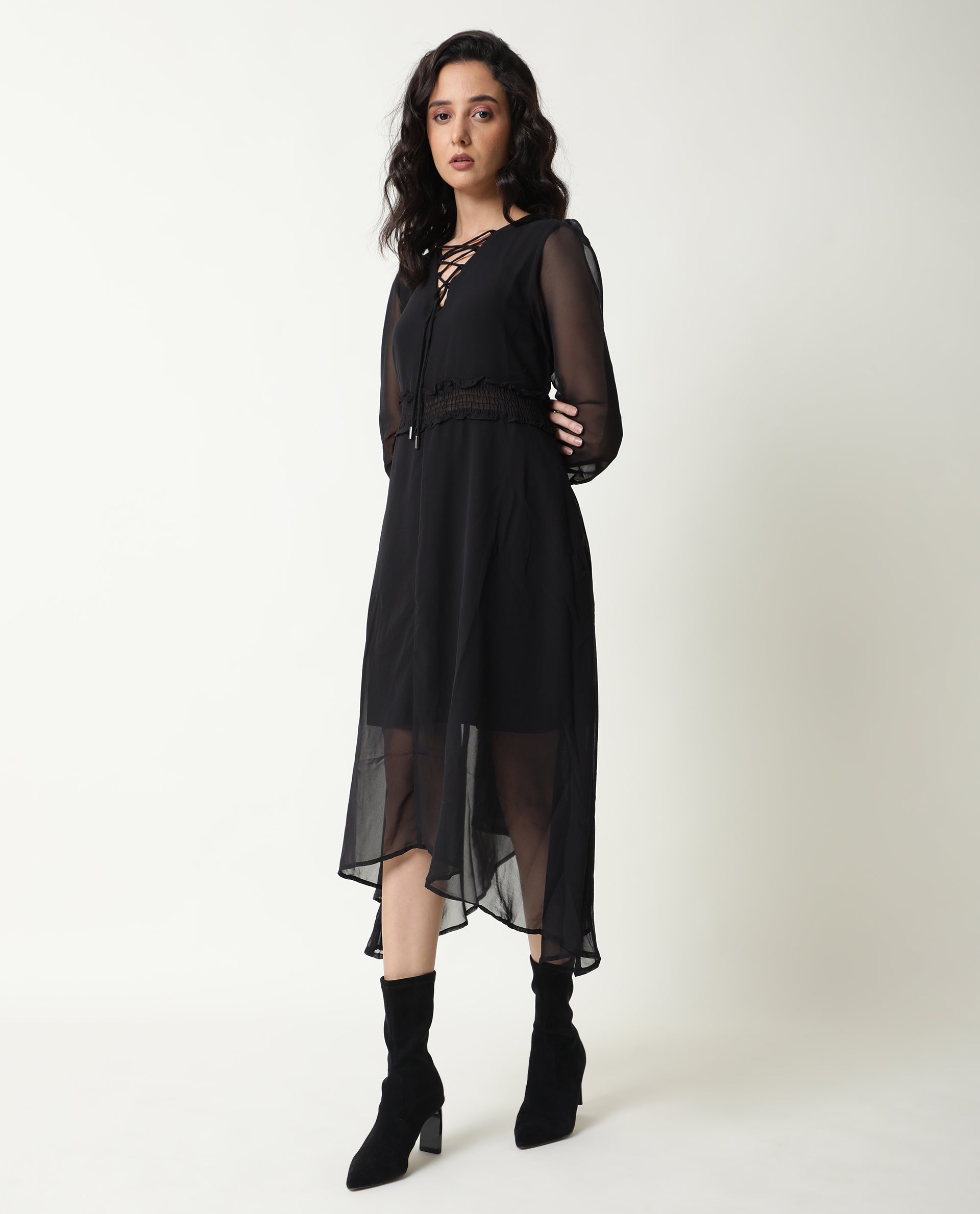 Rareism Women Ommet Black V Neck Criss Cross Tie Up Neckline Full Sleeve Smocked Waist Panel Asymmetric Knee Length Dress