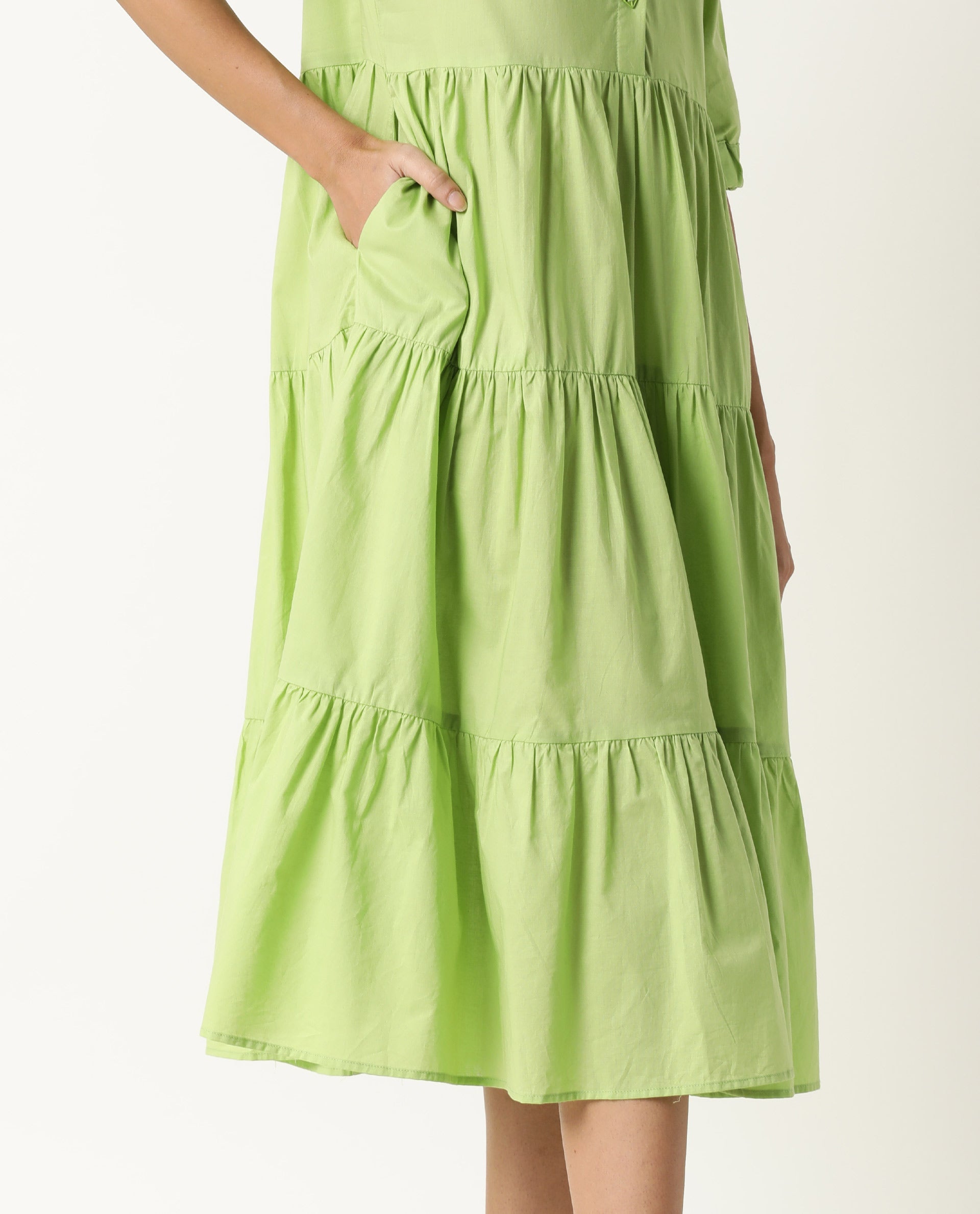 Rareism Womens Intro Green Dress Cotton Fabric Regular Fit Puff Sleeves Mandarin Neck