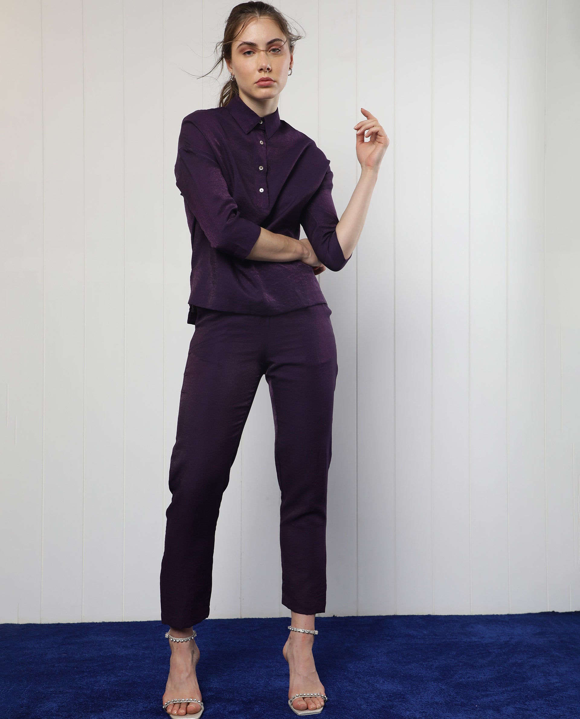 Rareism Women's Velynn Purple Polyester Spread Collar Plain Regular Fit Top