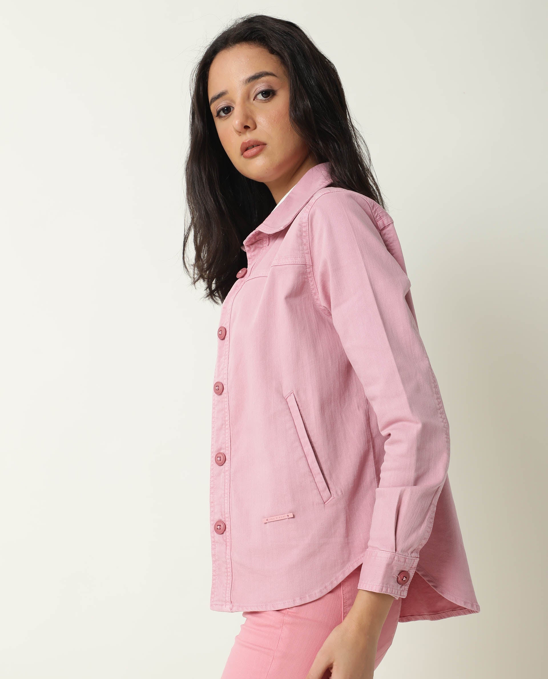 Rareism Women Mission Pink Cotton Lycra Fabric Full Sleeves Solid Shirt Collar Jacket