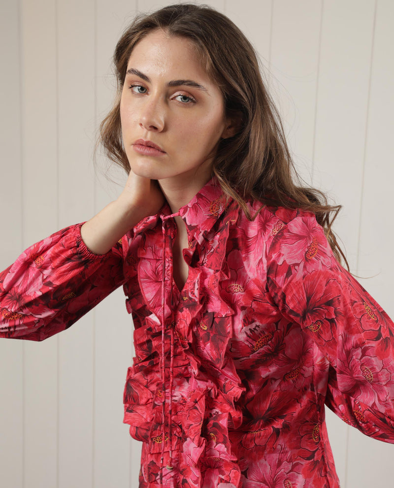 Rareism Women Orney Maroon Cotton Fabric Full Sleeves Button Closure Shirt Collar Volume Sleeve Regular Fit Floral Print Top