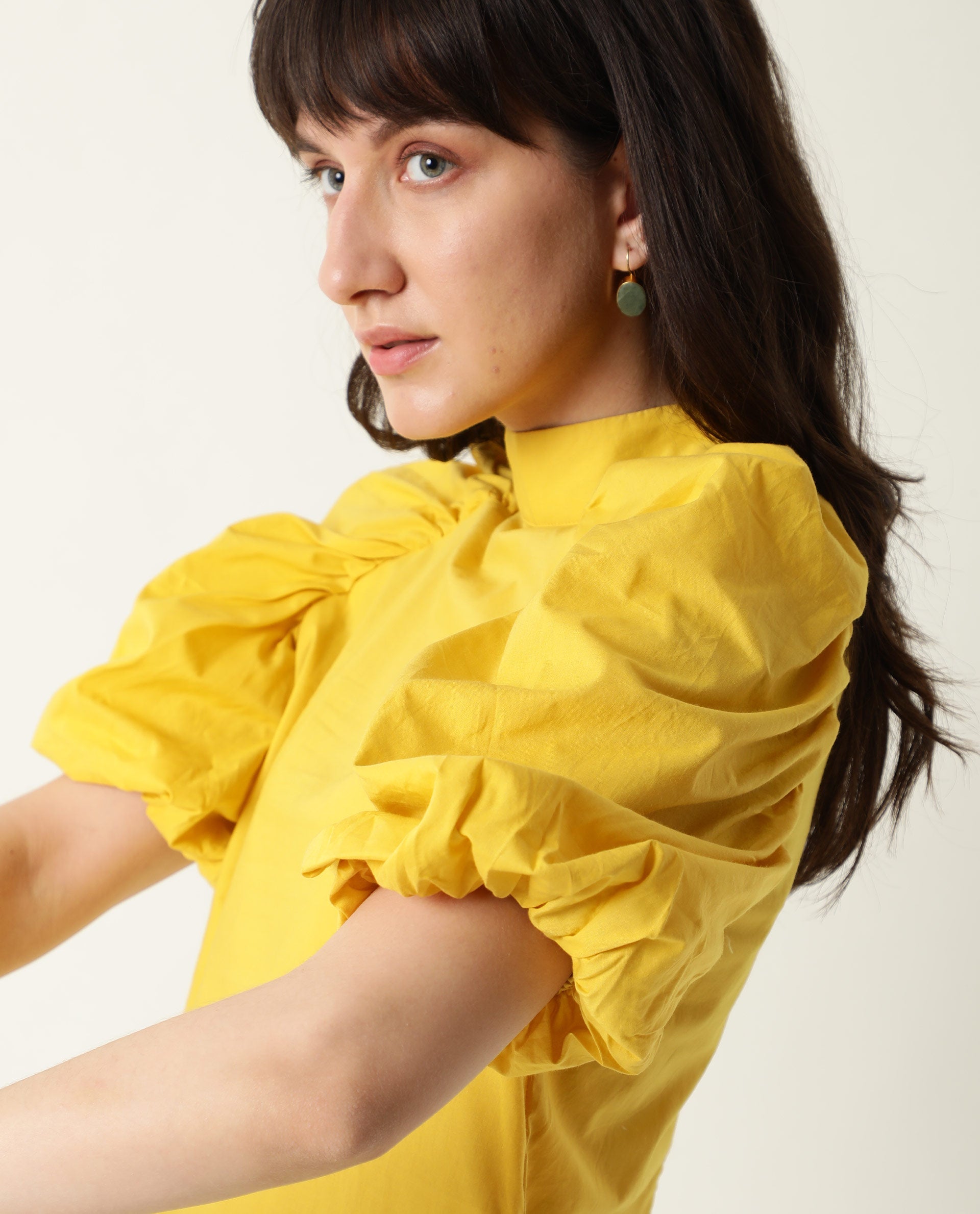 Rareism Womens Bobby Yellow Top Cotton Fabric Half Sleeve High Neck
