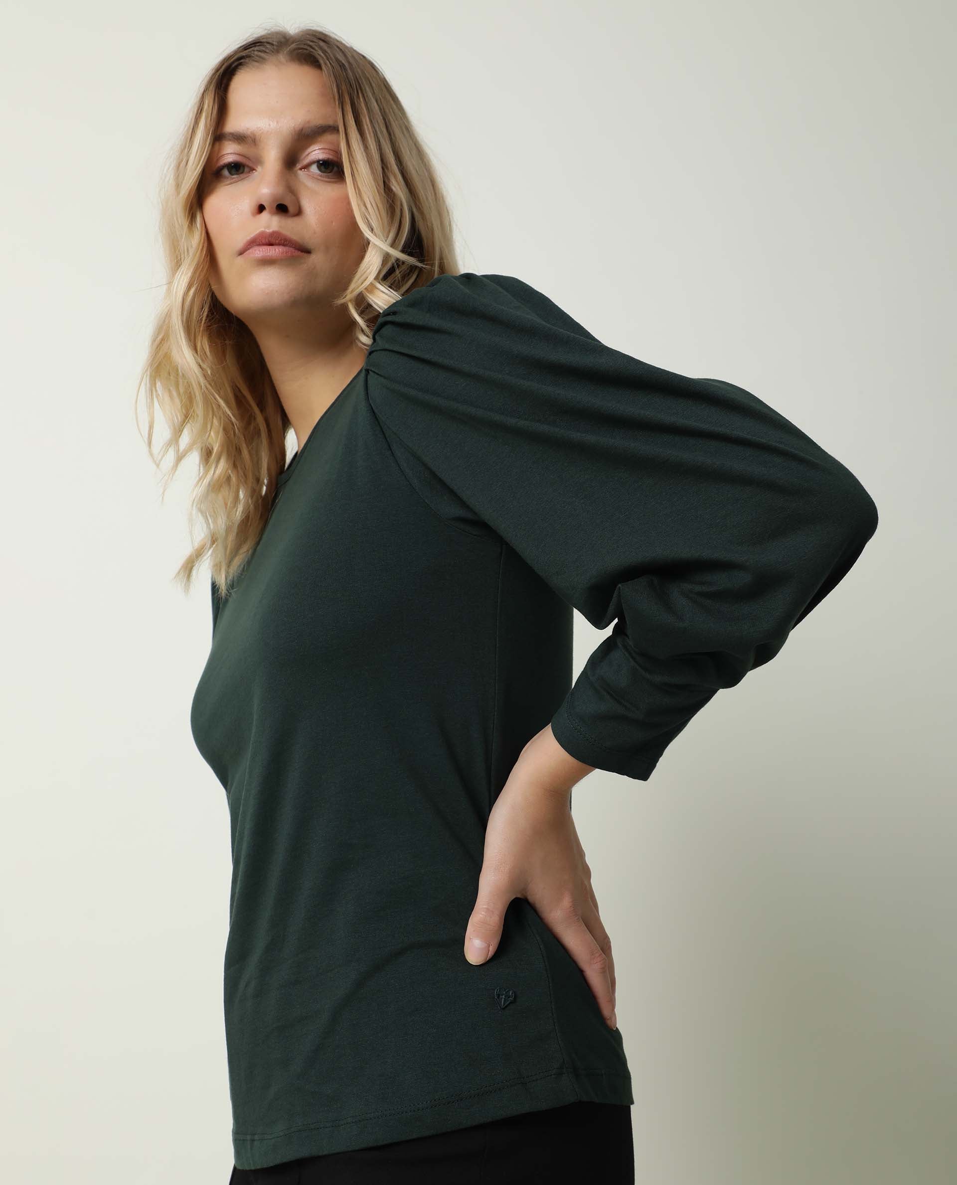Rareism Women Ballerina Dark Green Cotton Fabric Regular Fit Knee Length Boat Neck 3/4Th Sleeves Solid Top