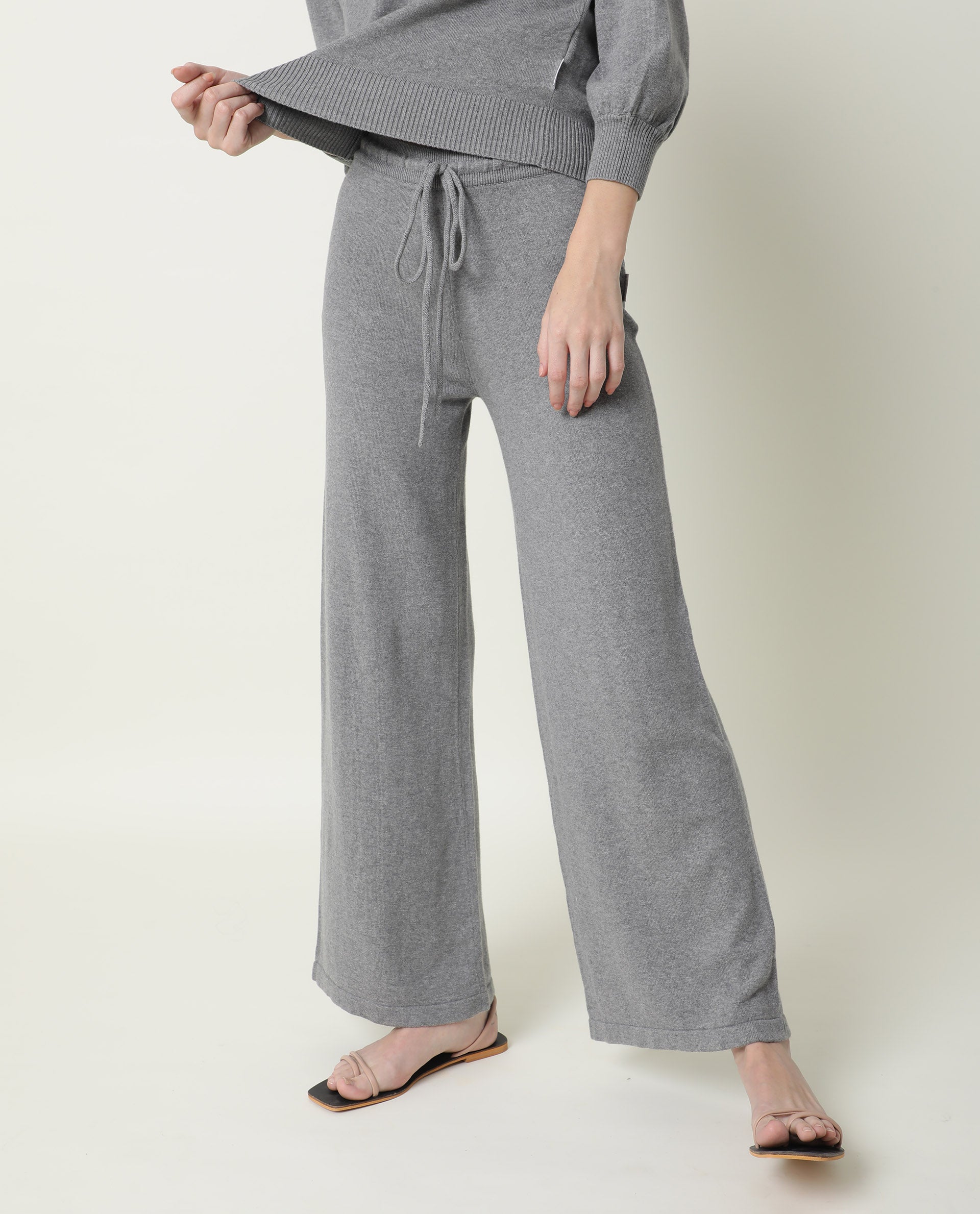 Rareism Women's Finn Track Grey Cotton Plain Ankle Length Flared Track Pant