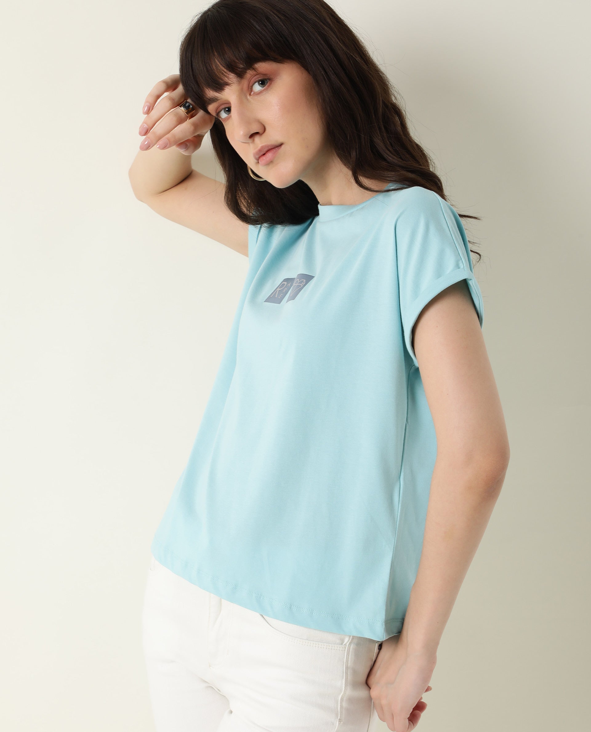 Rareism Women Cardi Light Blue Cotton Fabric Regular Fit Half Sleeves Graphic Print Crew Neck T-Shirt