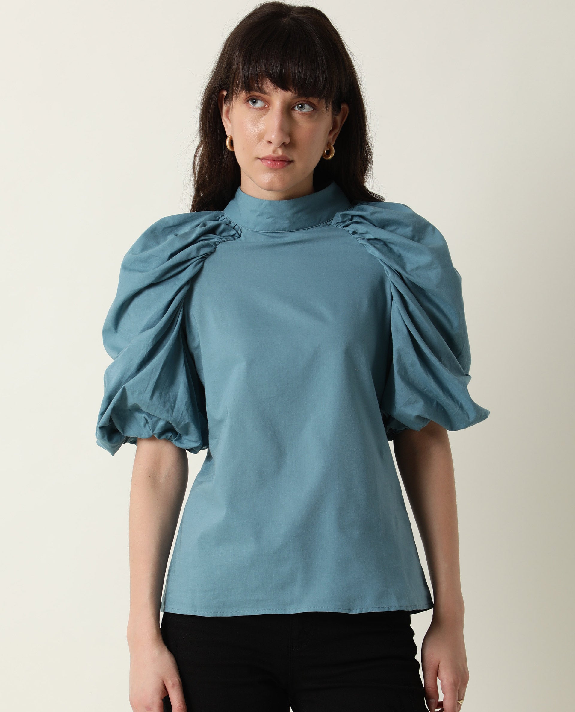 Rareism Womens Bobby Blue Top Cotton Fabric Half Sleeve High Neck