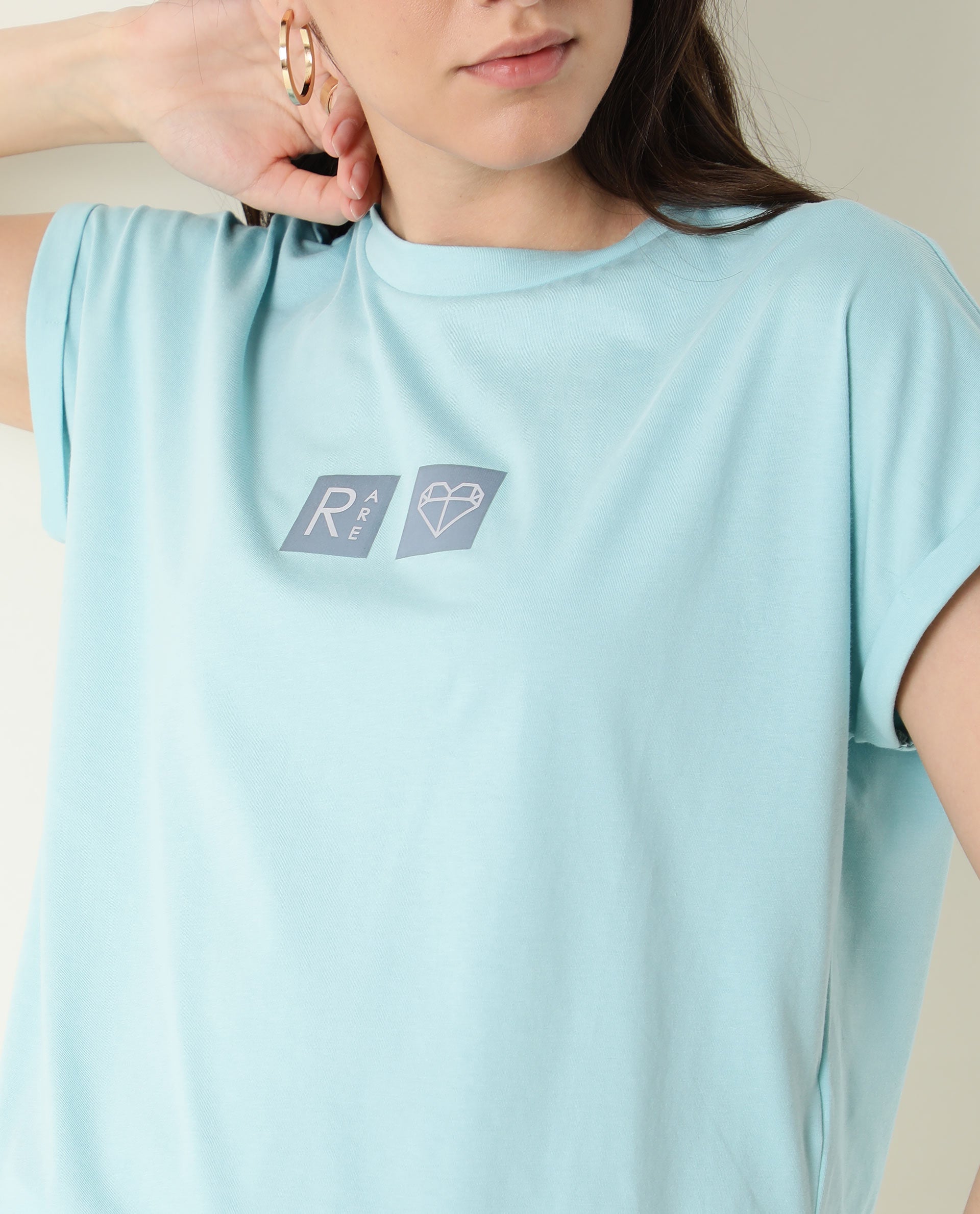 Rareism Women Cardi Light Blue Cotton Fabric Regular Fit Half Sleeves Graphic Print Crew Neck T-Shirt