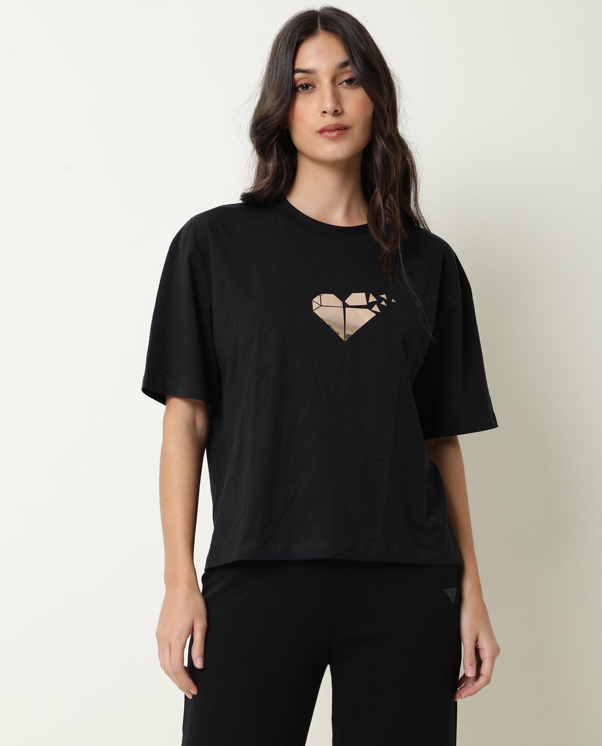 Rareism Womens Nat Black T-Shirt Cotton Fabric Regular Fit Half Sleeve Round Neck