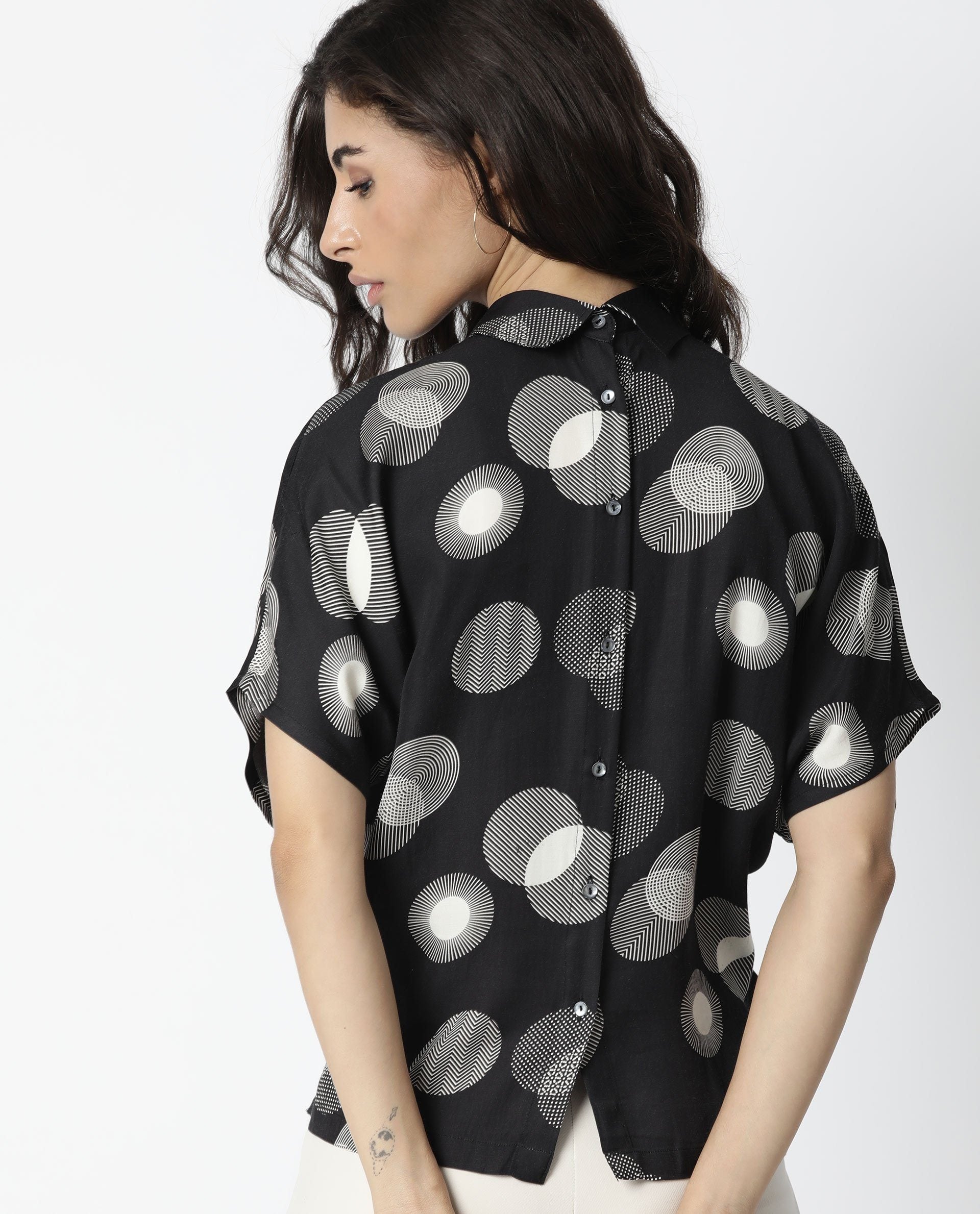 Rareism Women Emile Black Top Short Sleeves Printed