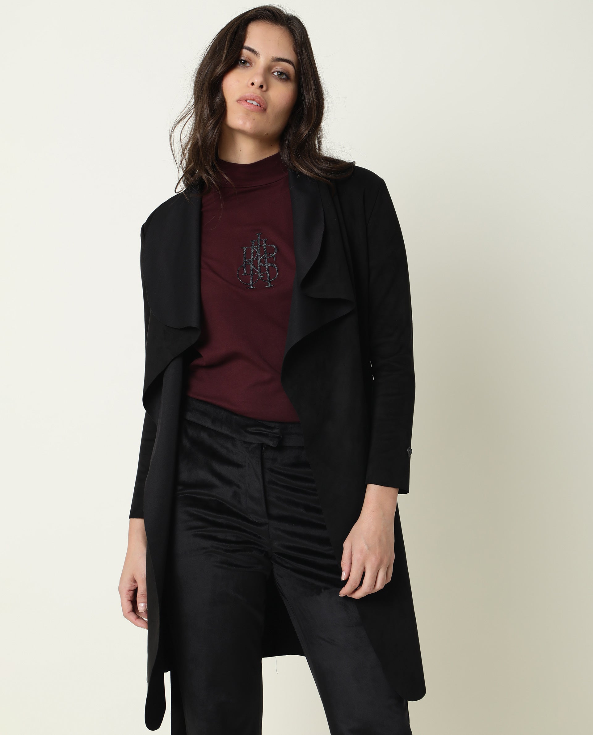 Rareism Women Palmer Black Polyester Fabric Full Sleeves Solid Collarless Jacket