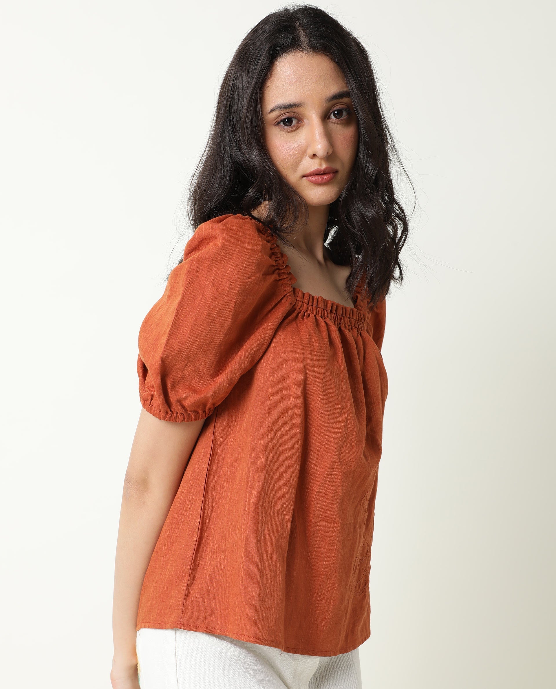 Rareism Womens Gamora Rust Top Cotton Linen Fabric Loose Fit Puff Sleeves Square Neck