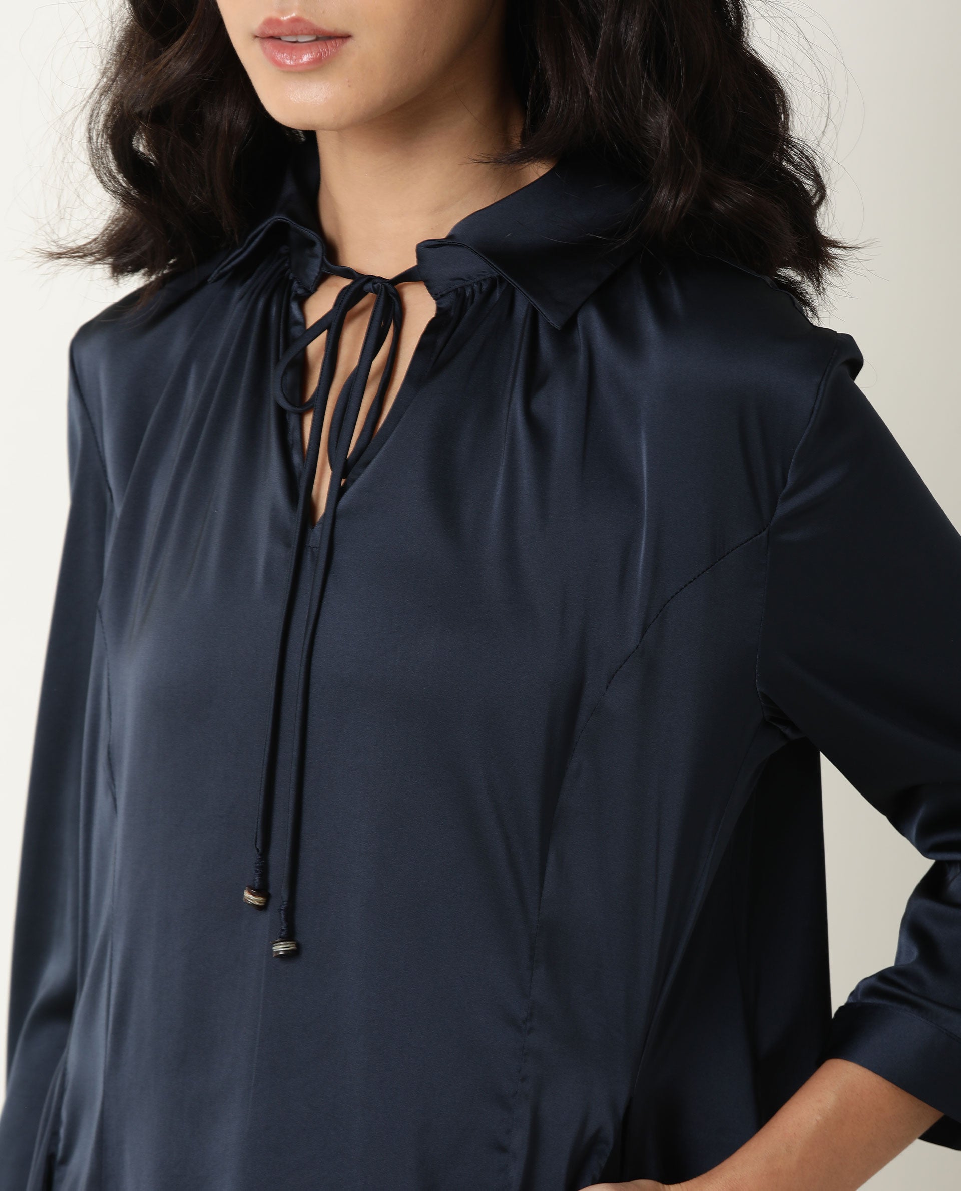 Rareism Womens Drella Navy Dress Modal Lycra Fabric Regular Fit Half Sleeve Lapel Neck