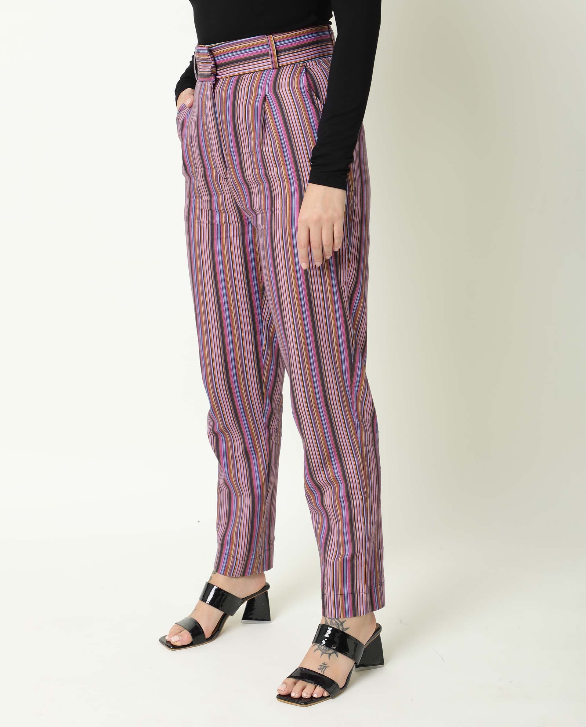 Rareism Womens Apple Multi Trouser Cotton Fabric Regular Fit Zipper Closure High Rise Waist Rise Ankle Length