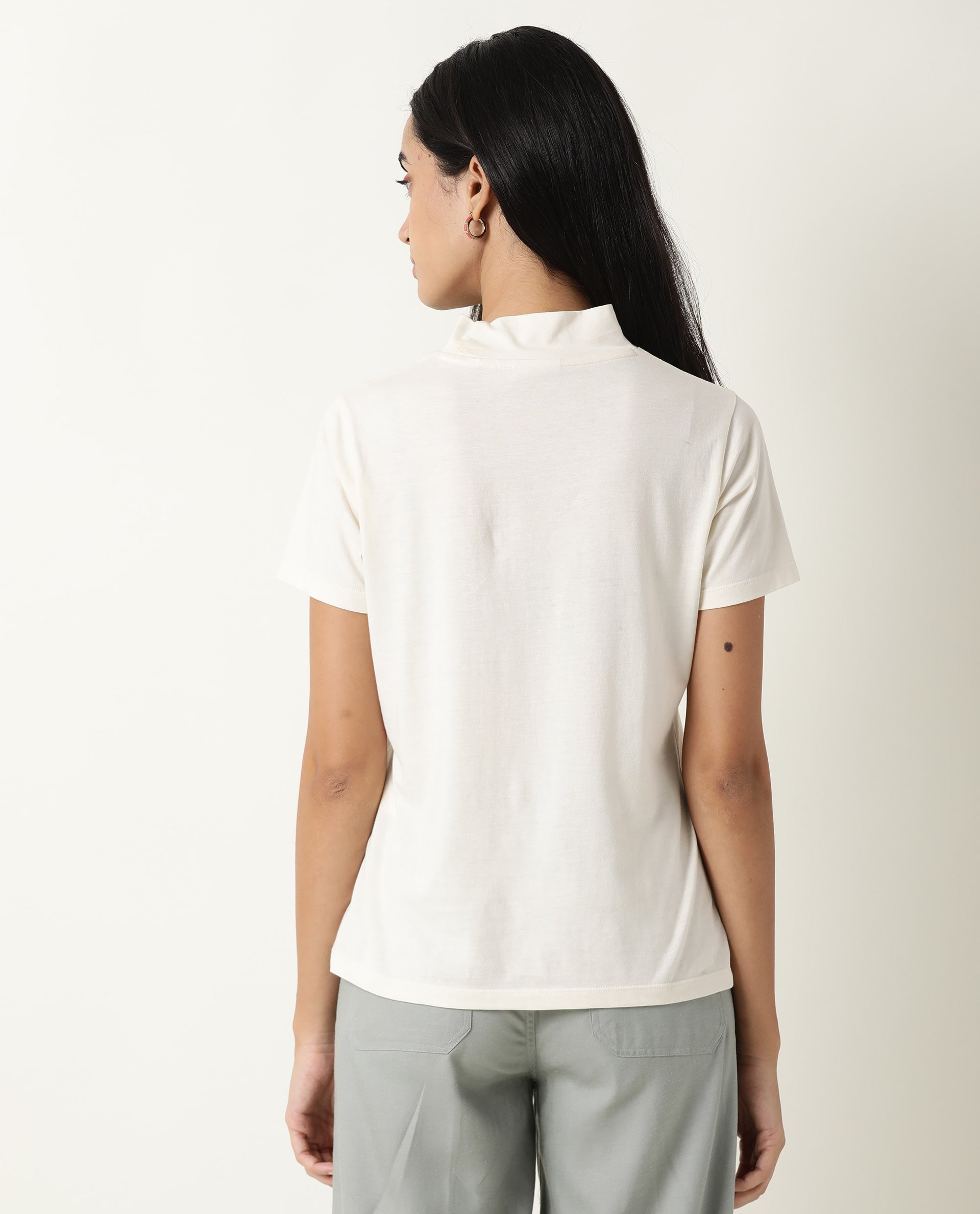 Rareism Women Hamock Off White Cotton Fabric Regular Fit Half Sleeves Solid Crew Neck T-Shirt