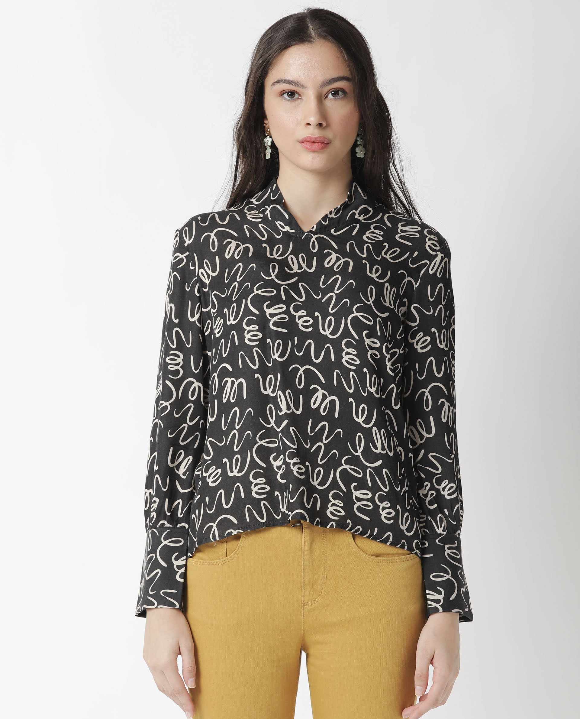 Rareism Womens Zesh Black Top Modal Satin Fabric Regular Fit Full Sleeve High Neck
