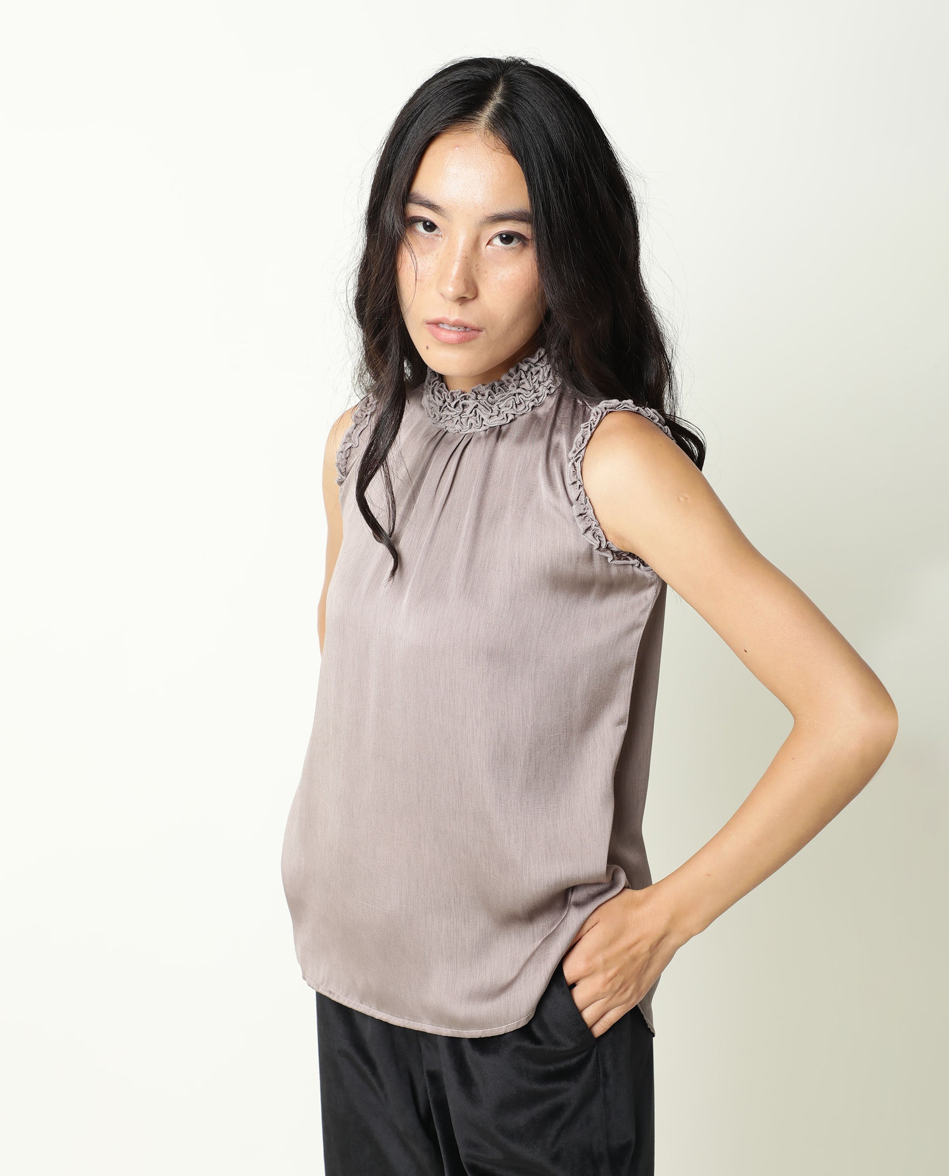 Rareism Womens Baileys Beige Top Polyester Fabric  Sleeveless Ruffled Neck