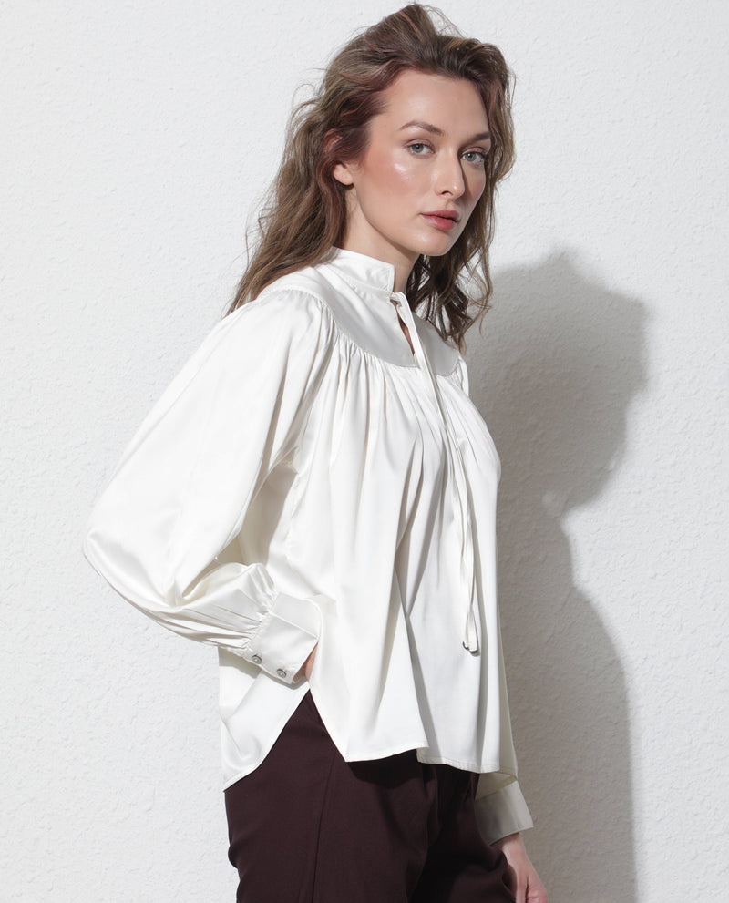 Rareism Women Tia White Polyester Fabric Full Sleeves Tie-Up Closure Mandarin Collar Volume Sleeve Relaxed Fit Plain Top