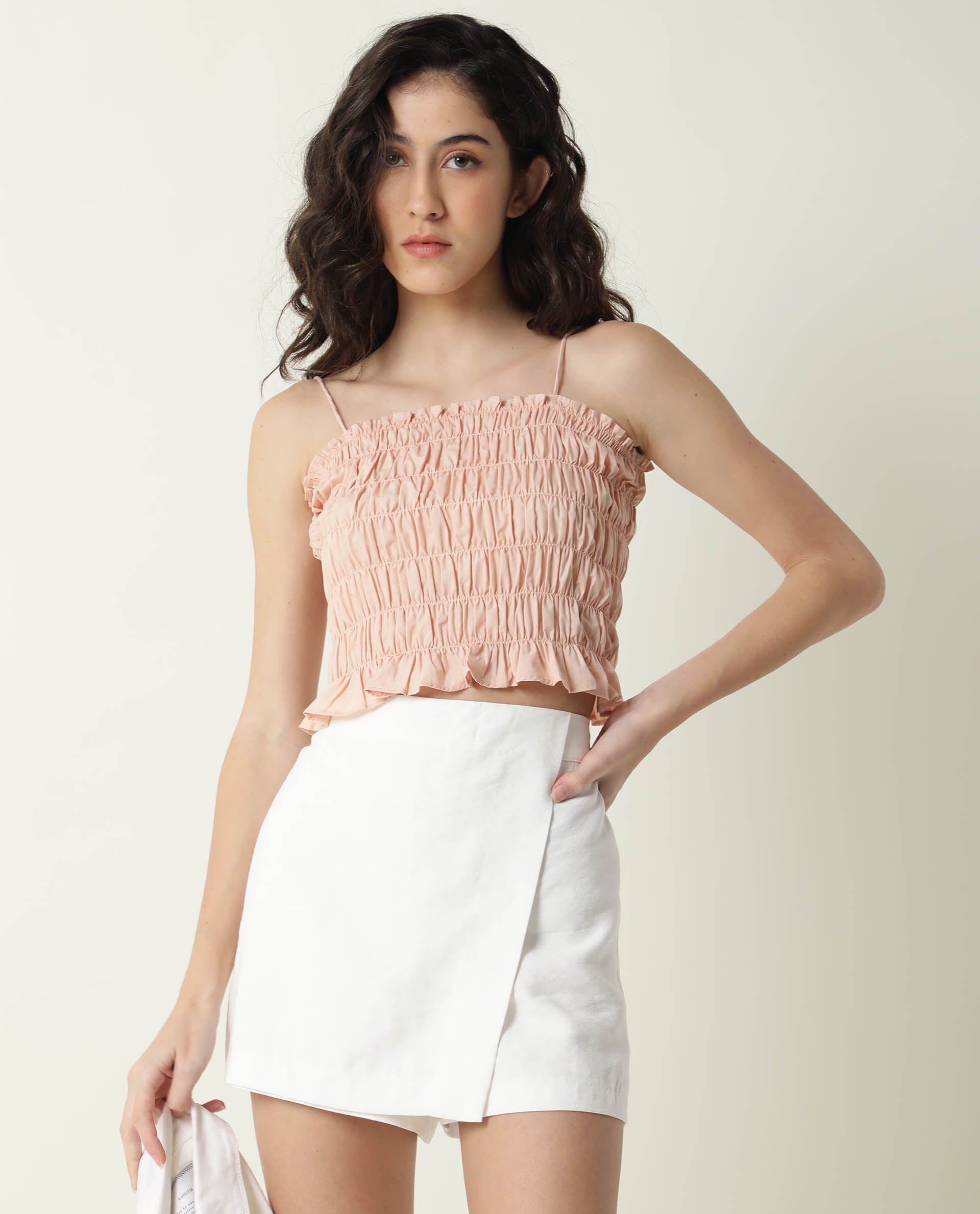 Rareism Womens Jaspersky Peach Top Cotton Fabric  Sleeveless Square Neck
