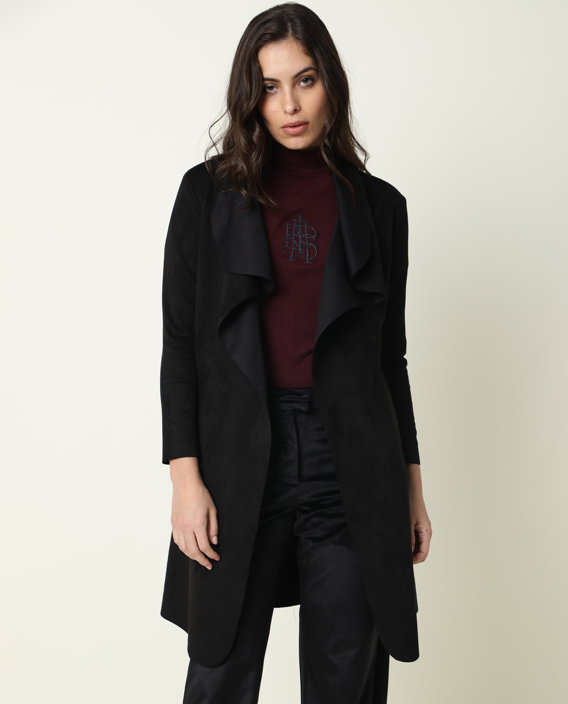 Rareism Women Palmer Black Polyester Fabric Full Sleeves Solid Collarless Jacket