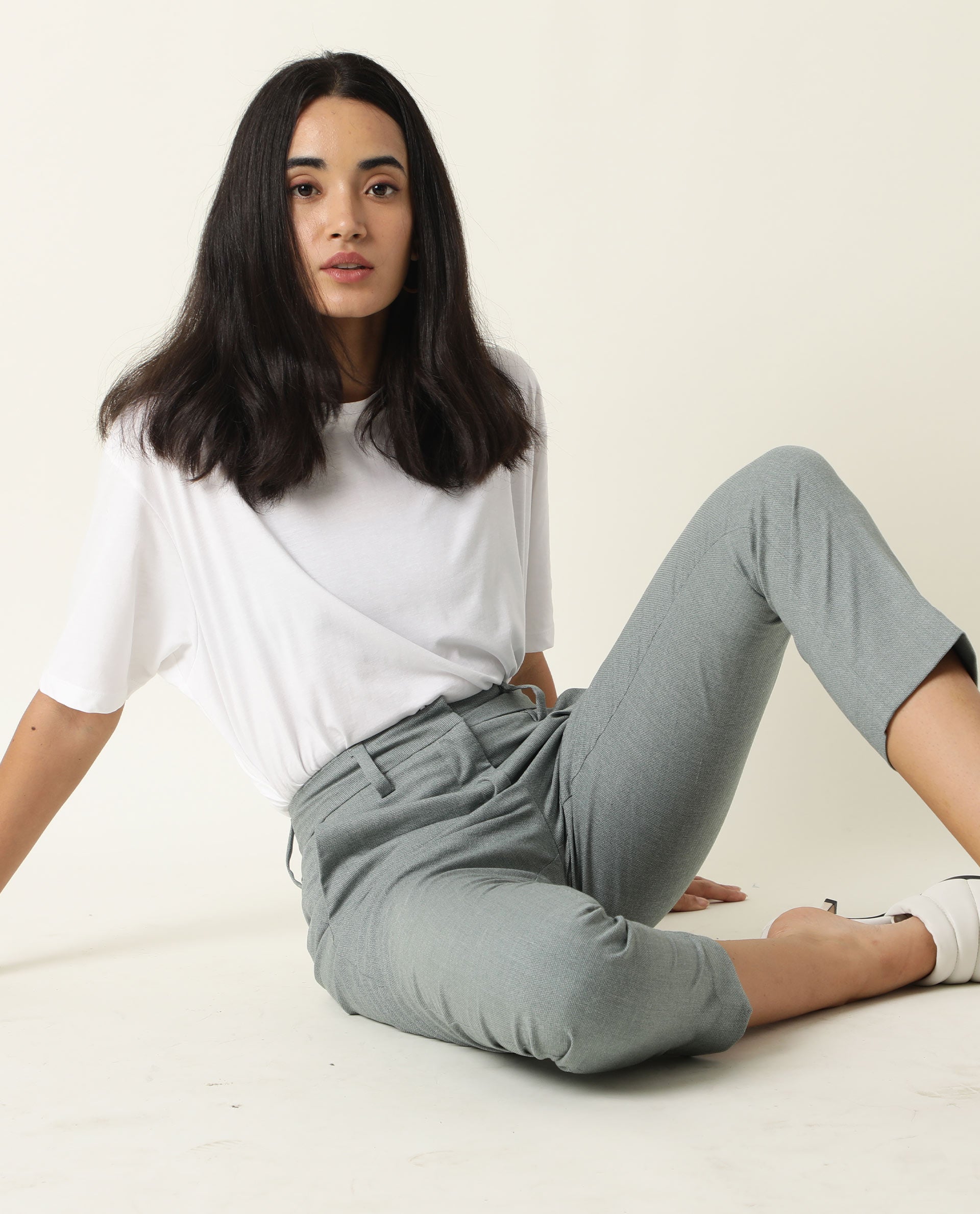 Rareism Women Ophilia Green Trousers Cotton Poly Fabric Full Sleeves Button Closure Solid