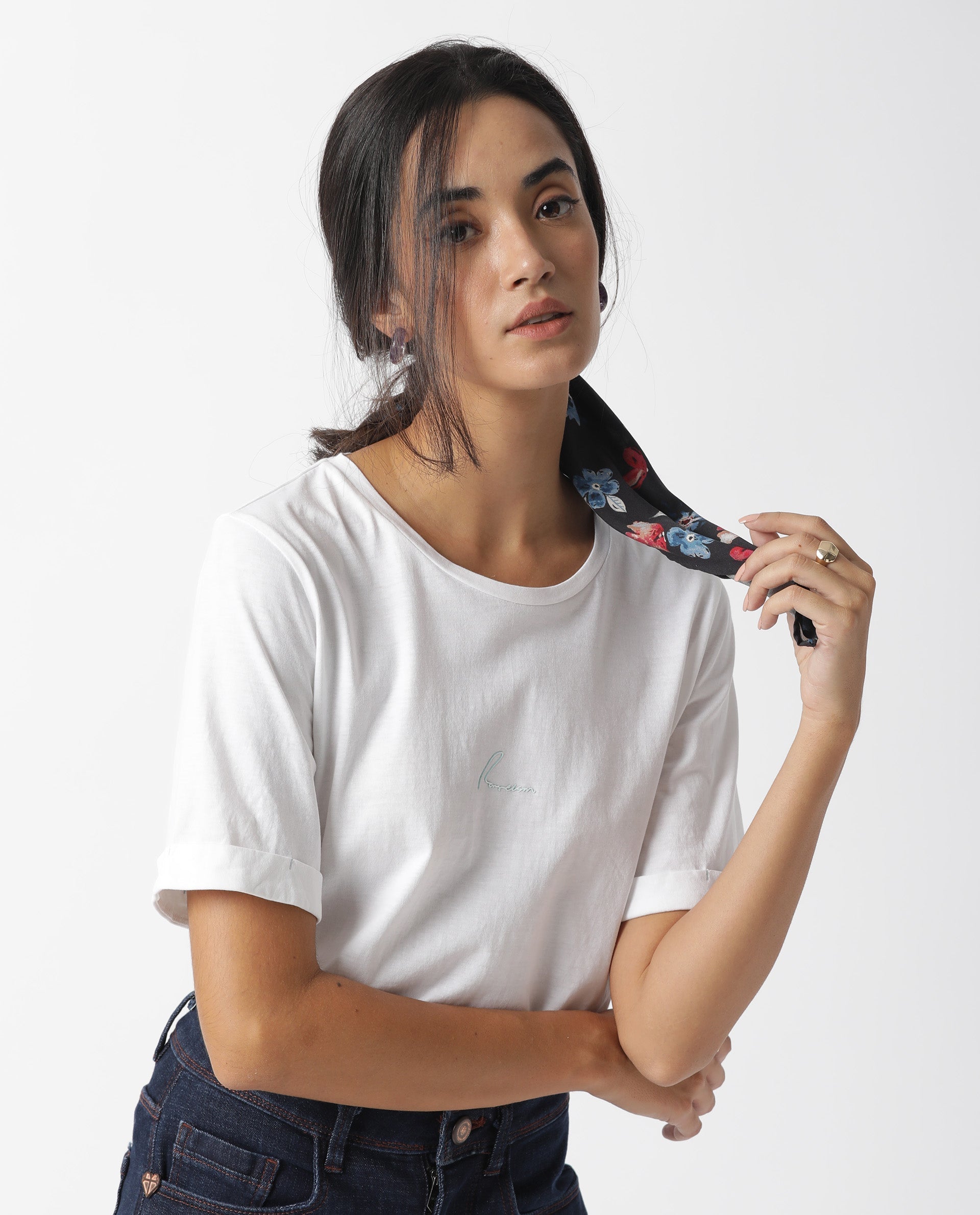 Rareism Women Nova Tee 2 White Cotton Blend Fabric Regular Fit Half Sleeves Solid Crew Neck T-Shirt