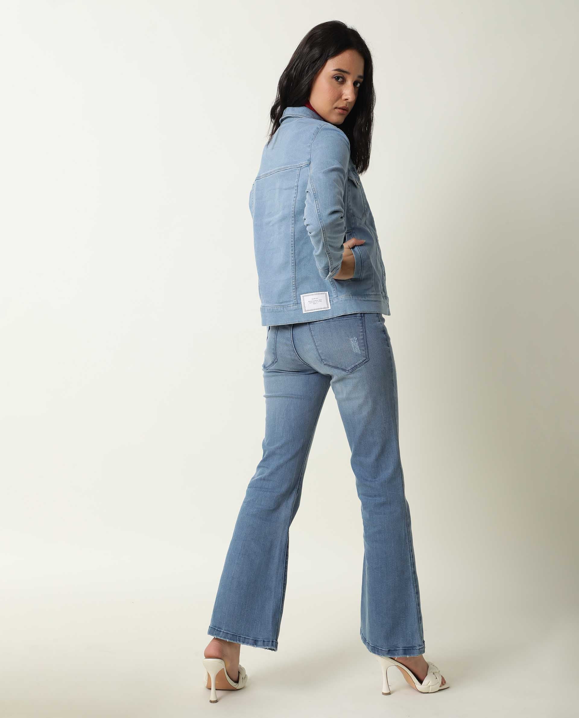 Rareism Women Misso Light Blue Cotton Lycra Fabric Full Sleeves Solid Shirt Collar Jacket