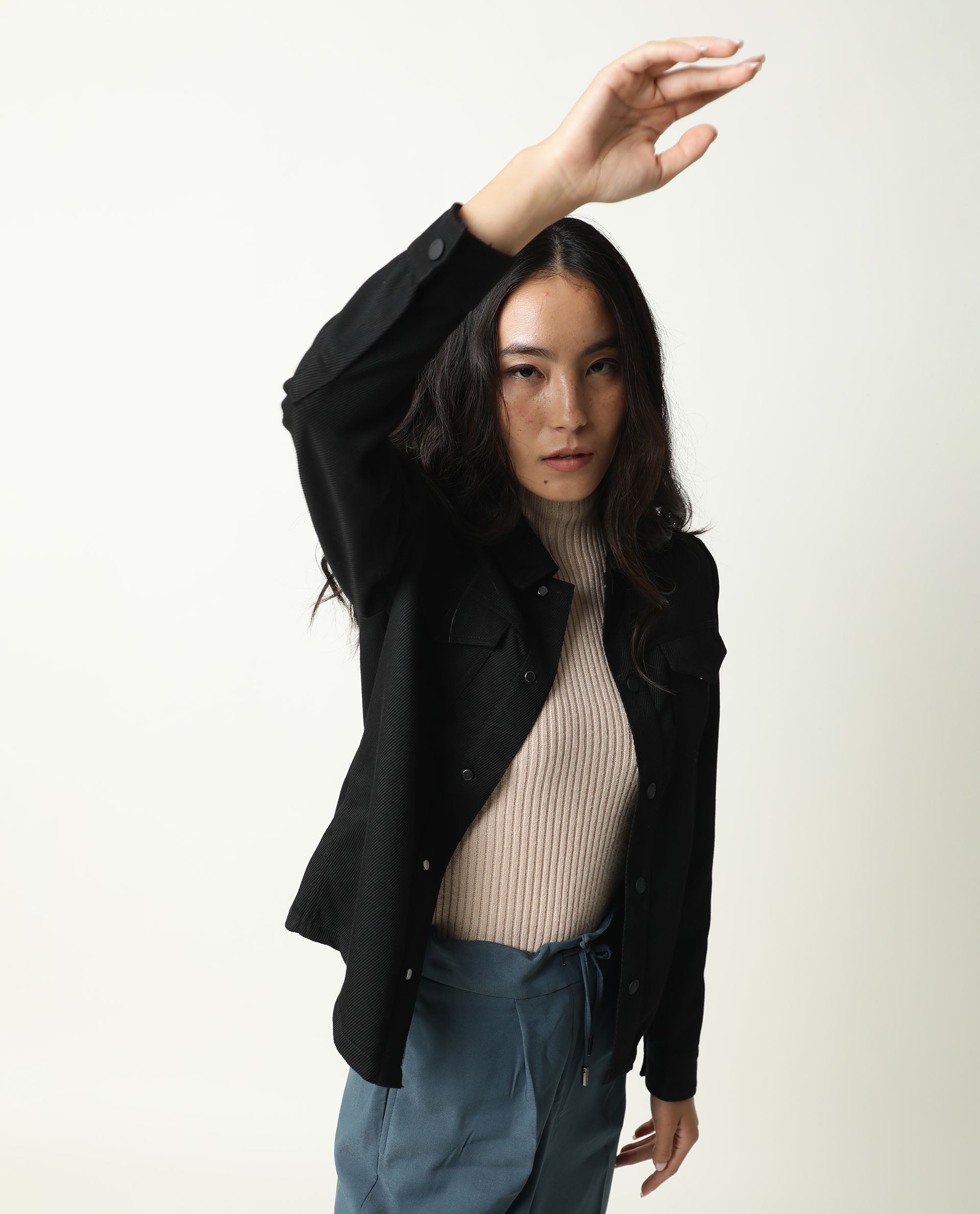 Rareism Women Taz Black Jacket Full Sleeves Solid