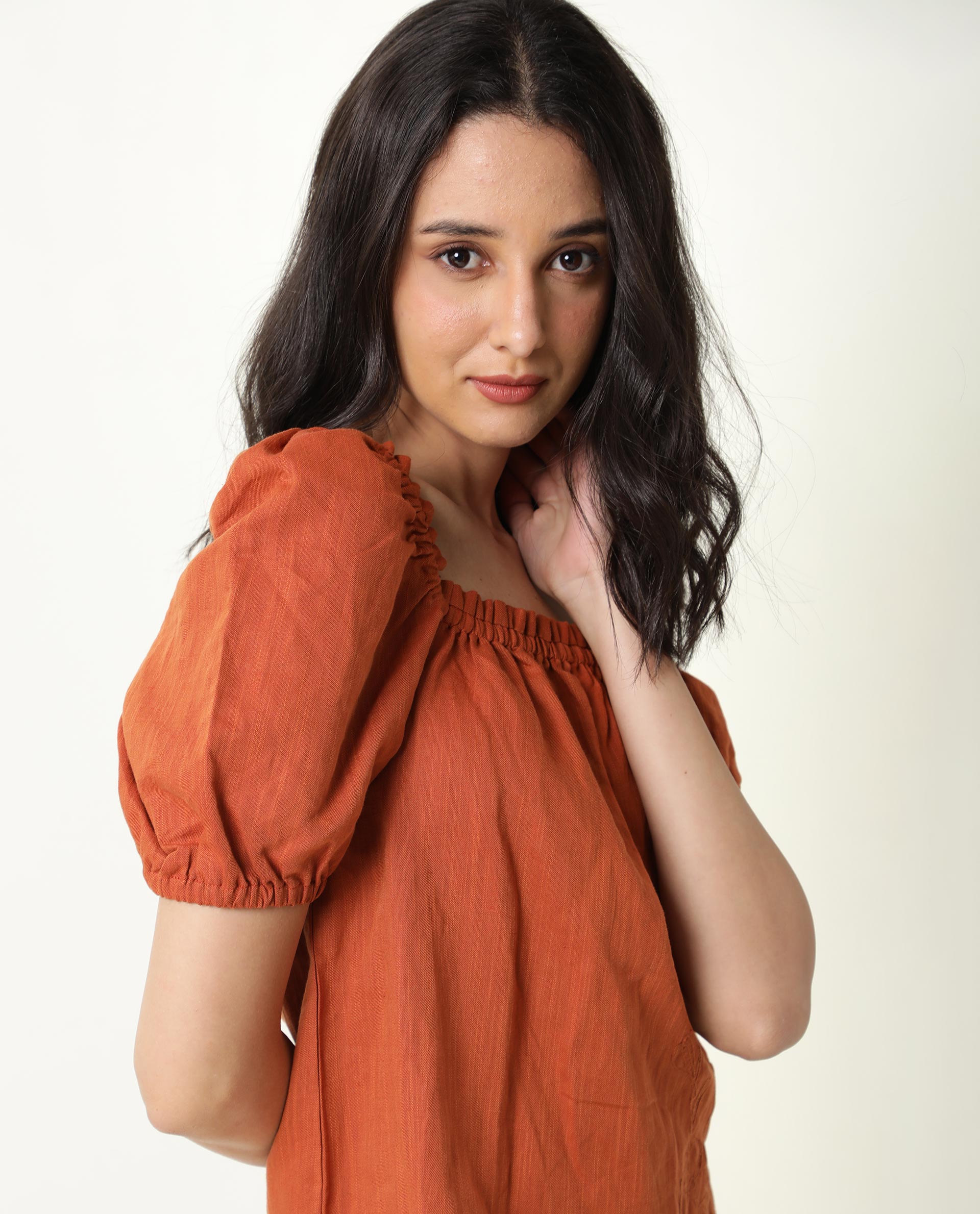 Rareism Womens Gamora Rust Top Cotton Linen Fabric Loose Fit Puff Sleeves Square Neck