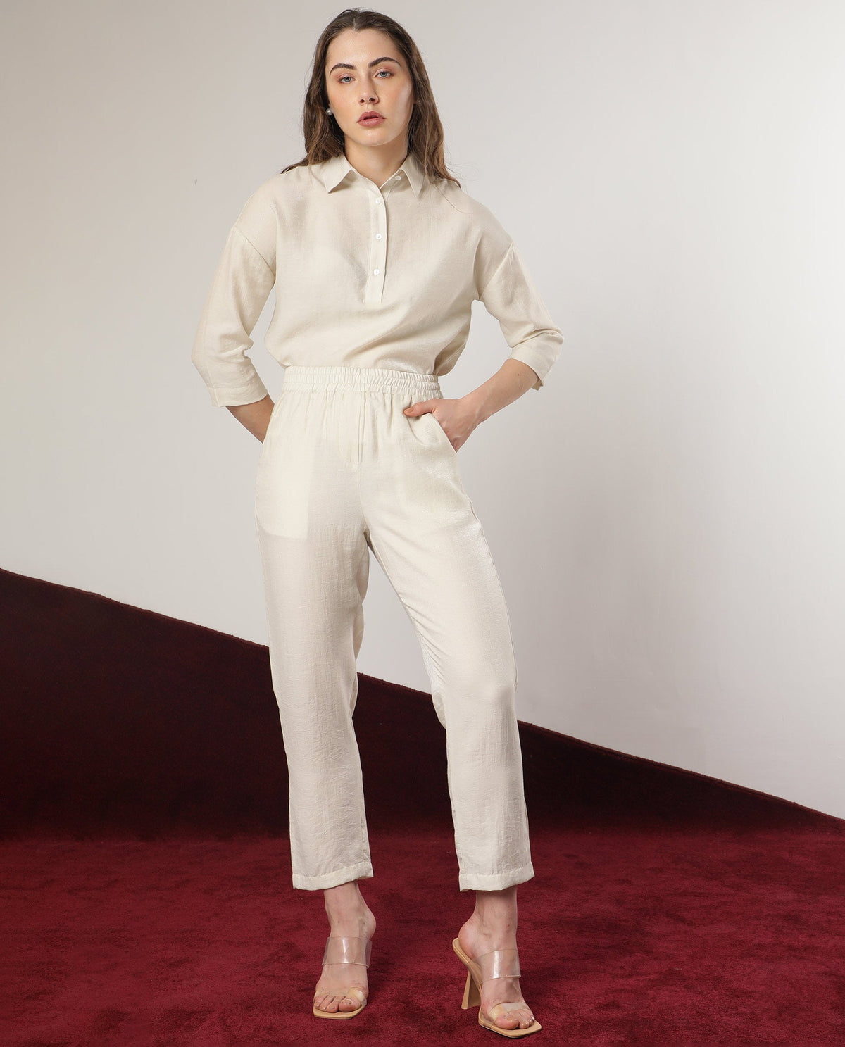 Rareism Women Velynn Beige Polyester Fabric Regular Fit Shirt Collar 3/4Th Sleeves Solid Top