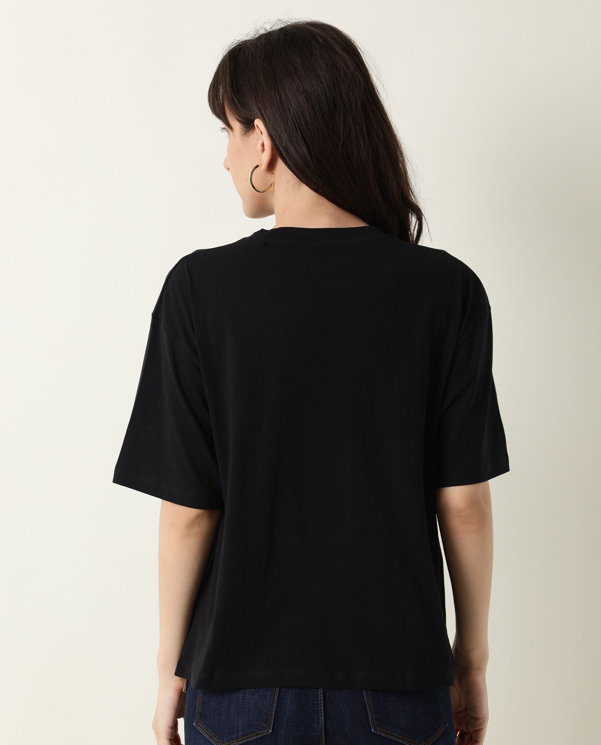 Rareism Womens Nat Black T-Shirt Cotton Fabric Regular Fit Half Sleeve Round Neck