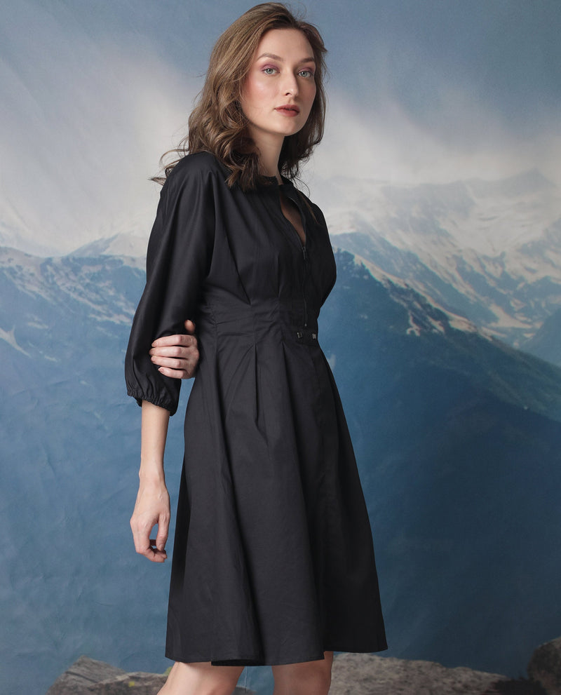 Rareism Women Mayem Black Round Neck 3/4 Sleeves Front Zip Closure Knee Length Dress