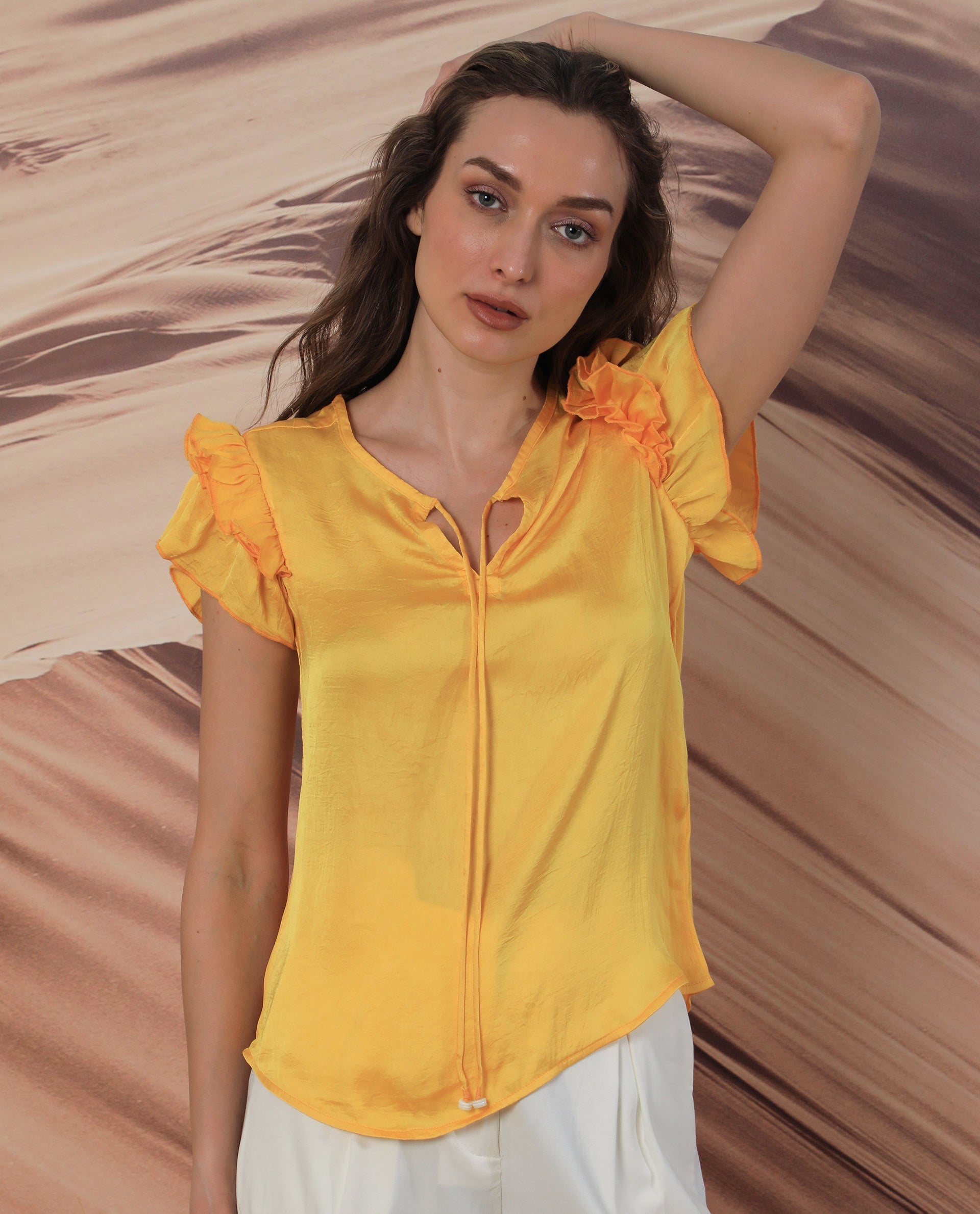 Rareism Women Skye Yellow Top Polyester Fabric Sleeveless Solid Print