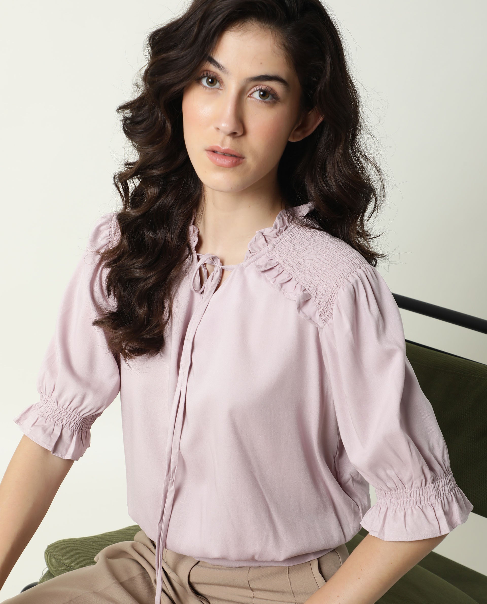Rareism Womens Jazz Purple Top Viscose Fabric Regular Fit Puff Sleeves Tie Up Neck