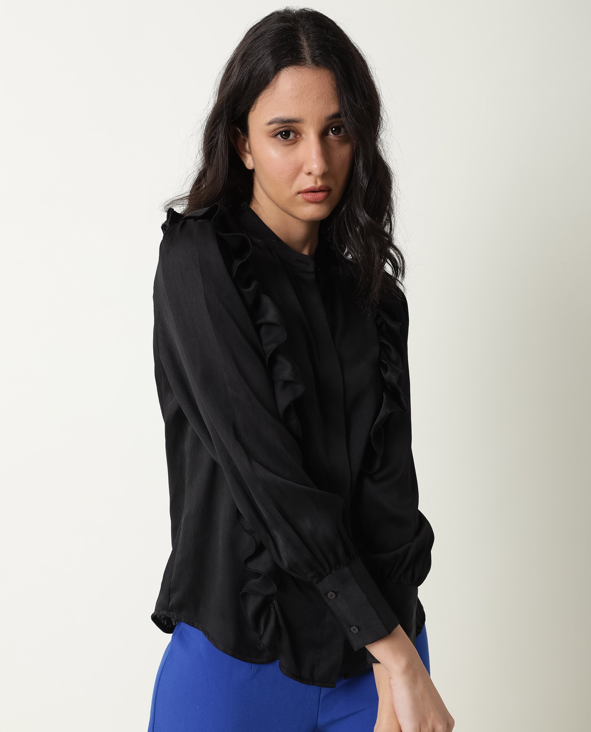 Rareism Womens Chamomile Black Top Polyester Fabric  Fit Regular Sleeves Mandarin Neck